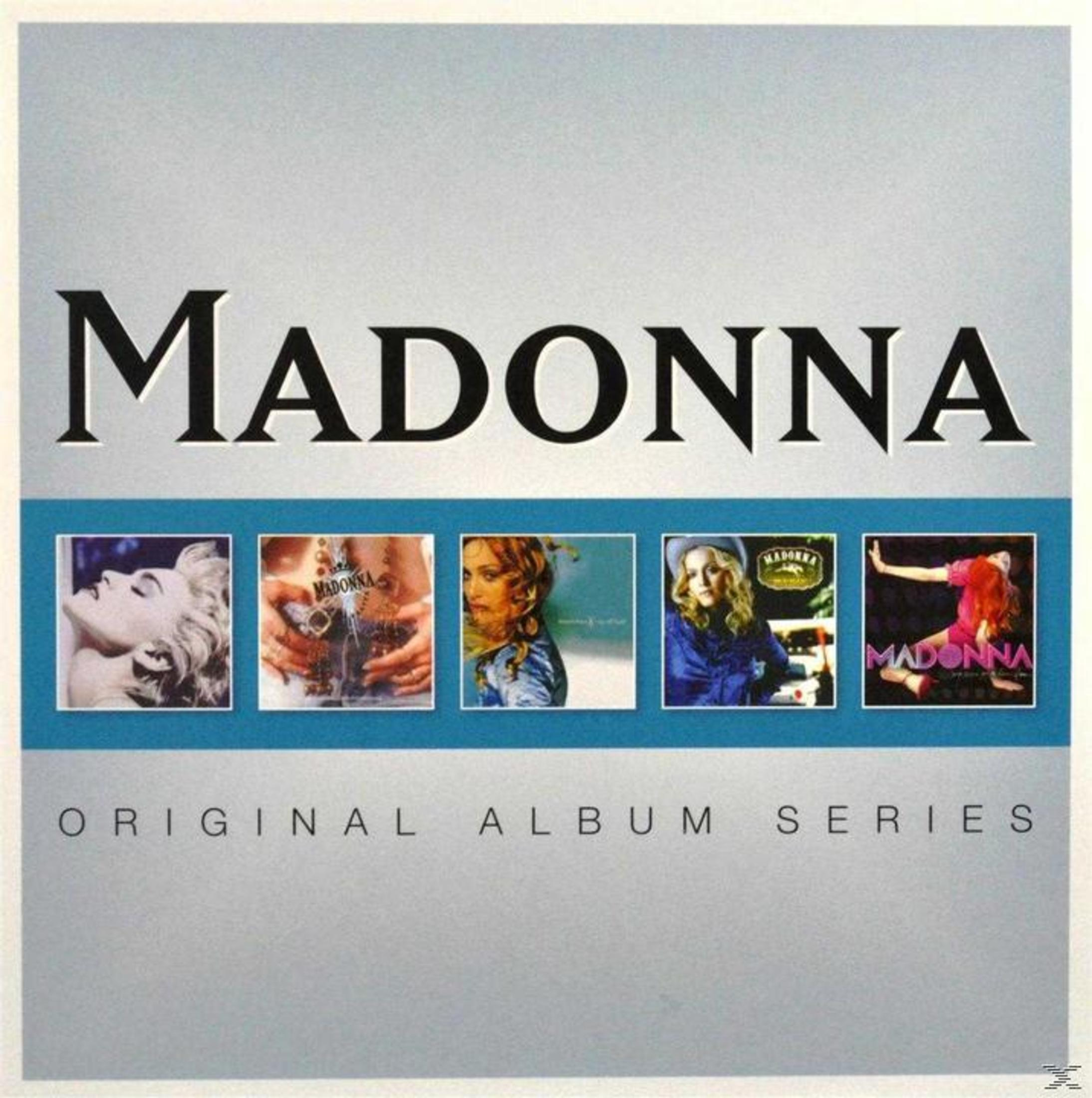 Copertina dell'album di Madonna. Uno sfondo grigio con il titolo dell'album e una serie di copertine in quadrati blu.
