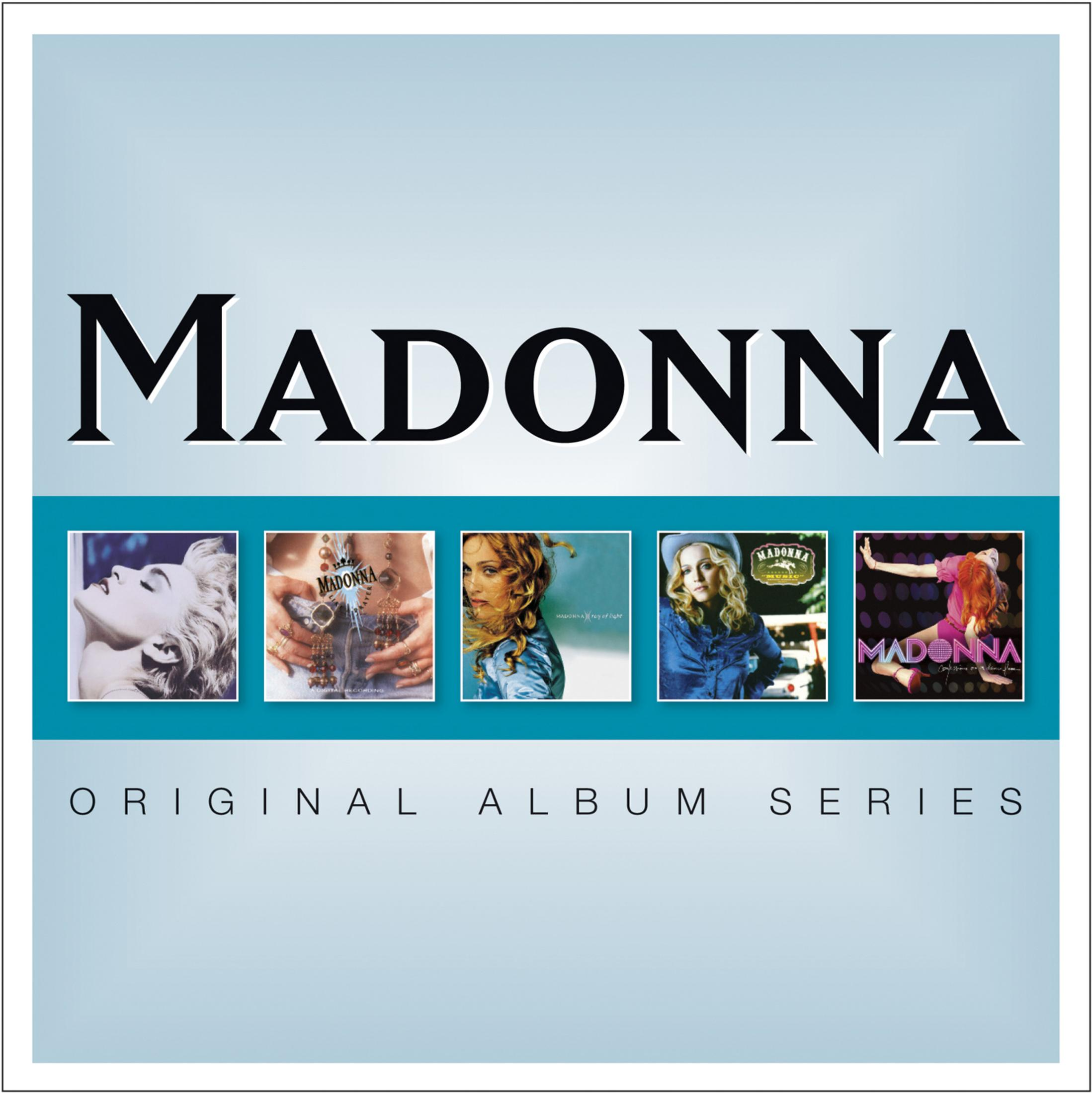 Copertina dell'album: Madonna scritta in alto, copertine degli album in basso in fila, sfondo blu.