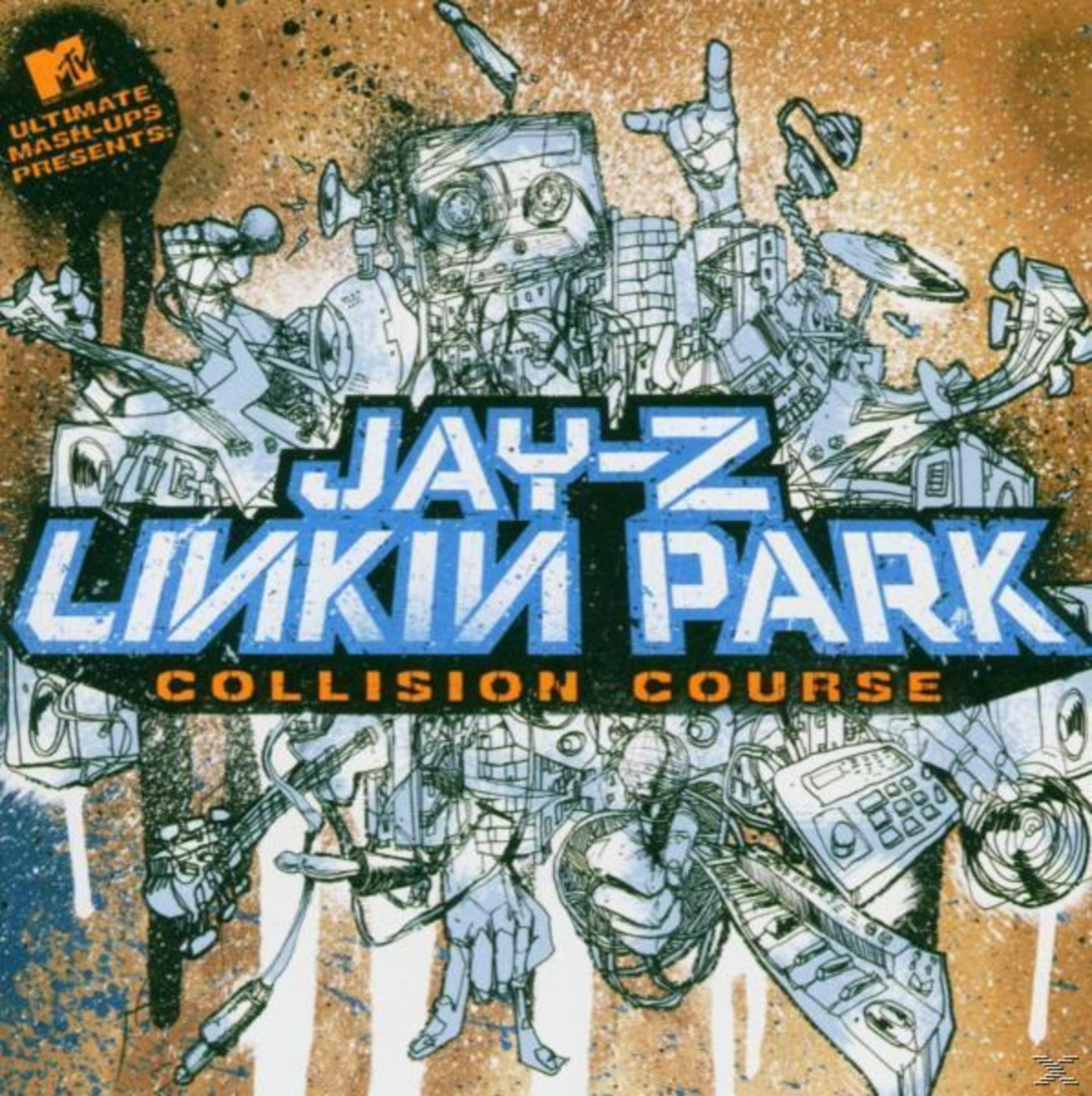 Copertina dell'album di Jay-Z e Linkin Park, con un collage di strumenti musicali e figure.