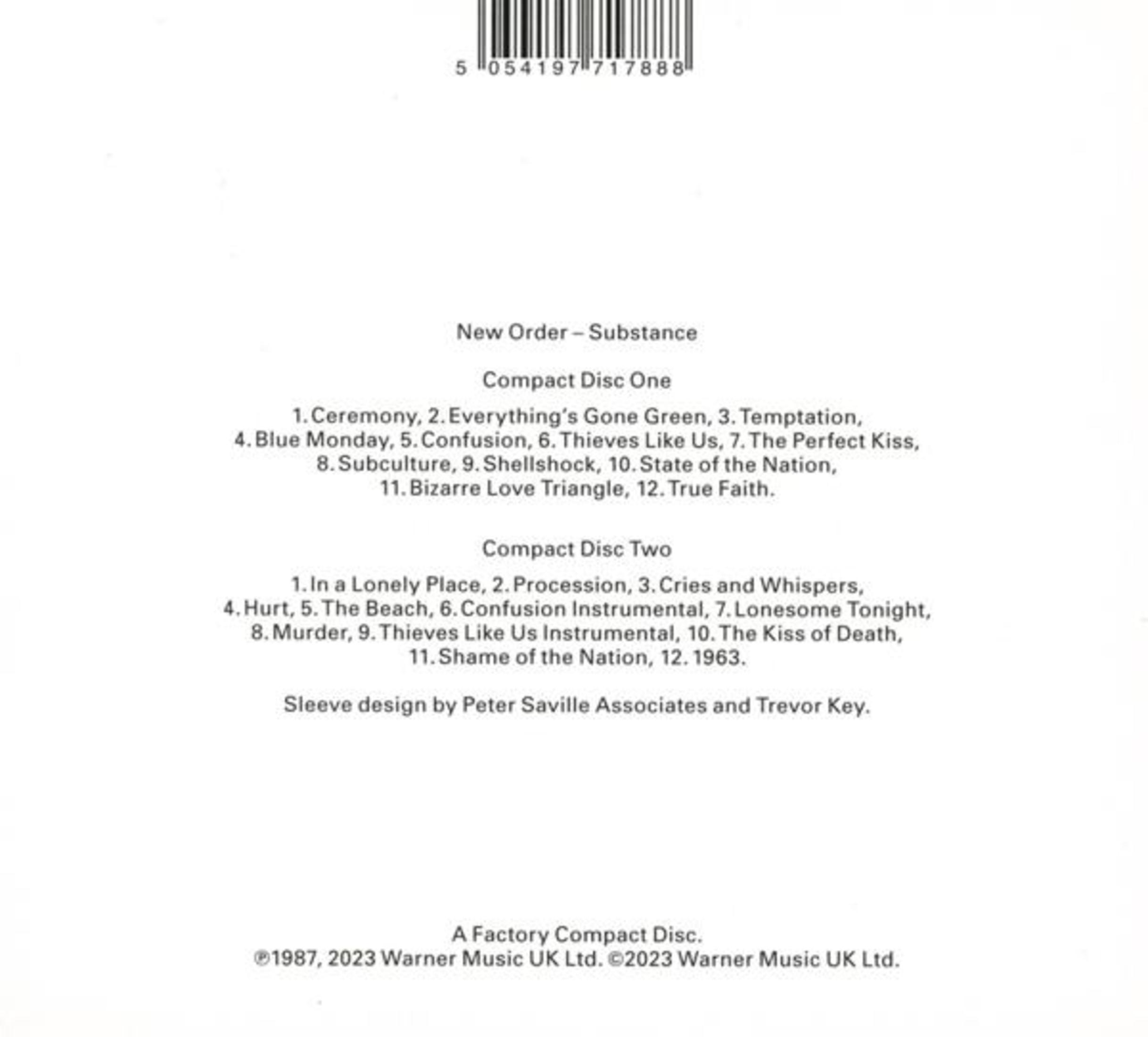 Copertina dell'album con un elenco di canzoni, titolo 'Substance' di New Order. Viene mostrato un elenco di canzoni.