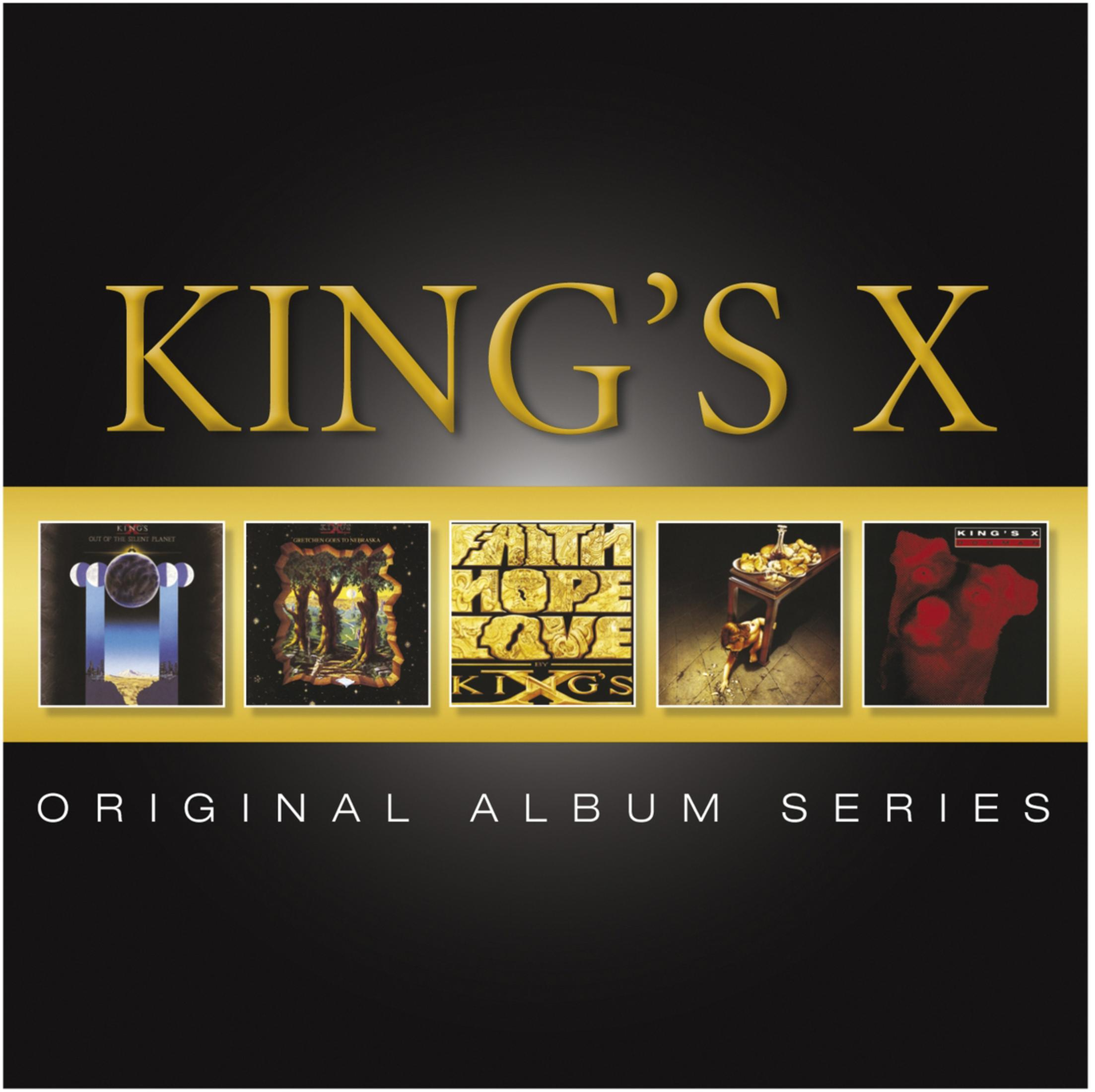 Albumhoes: Gouden 'KING'S X' tekst boven vijf albumhoezen, op een zwarte en gouden achtergrond.