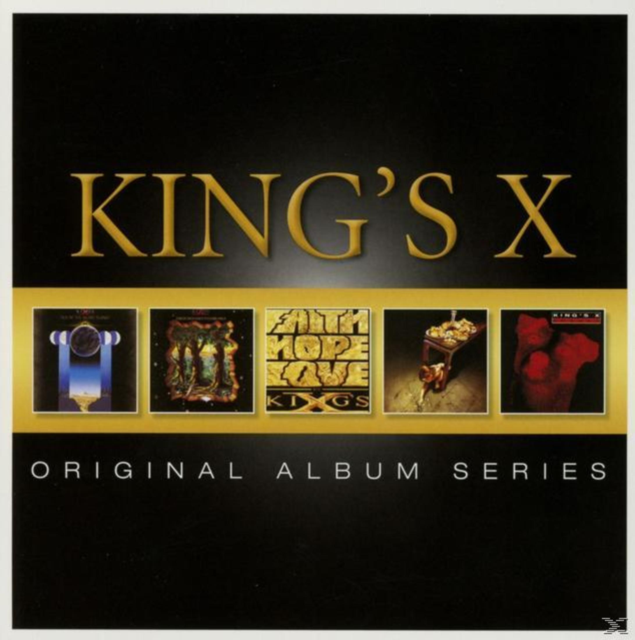 King's X albumcover. Albumcovers gerangschikt op een zwarte en gouden achtergrond.