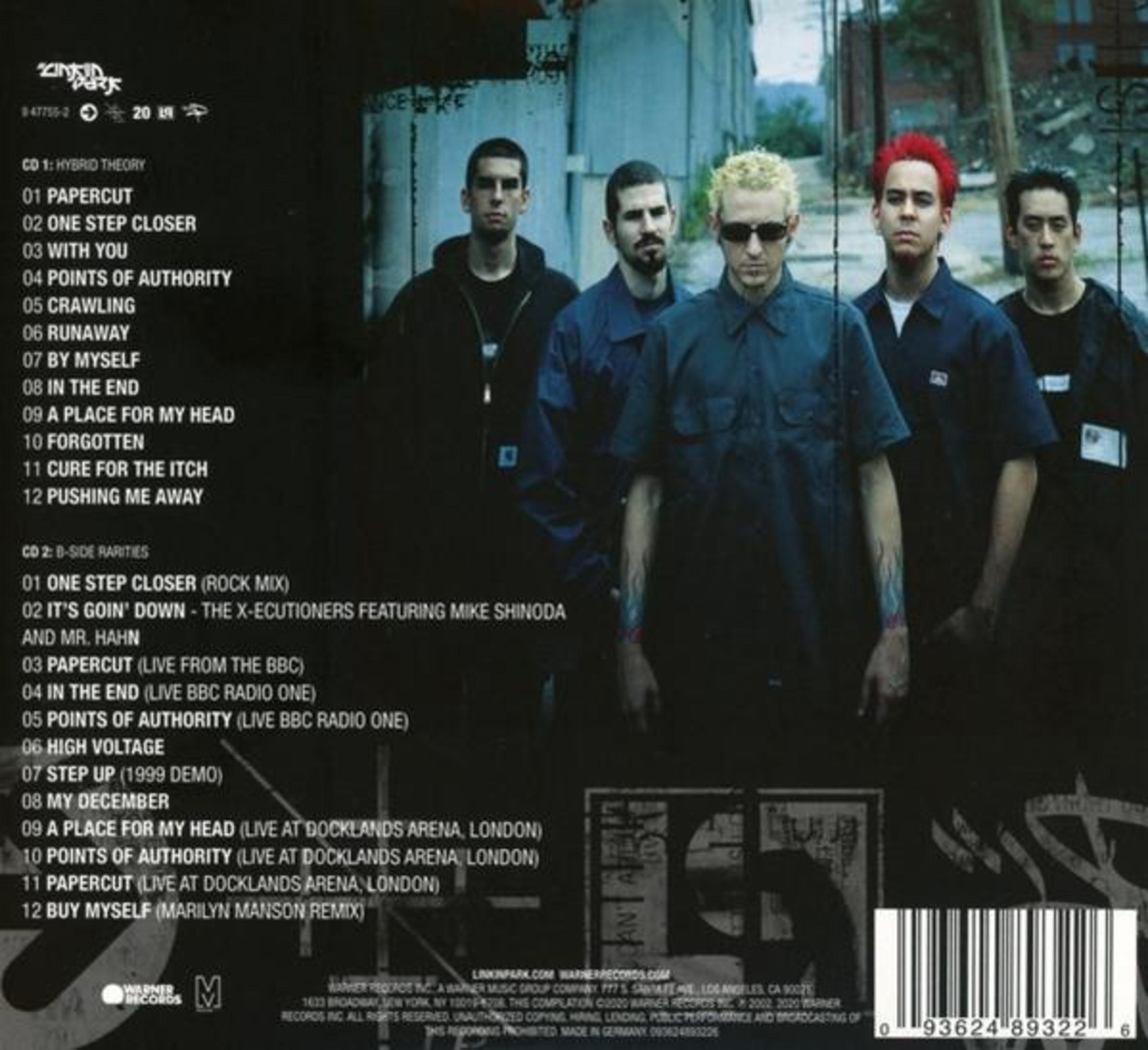 Retro copertina dell'album con i Linkin Park. Sei membri della band in piedi, con tracklist e codice a barre in basso.