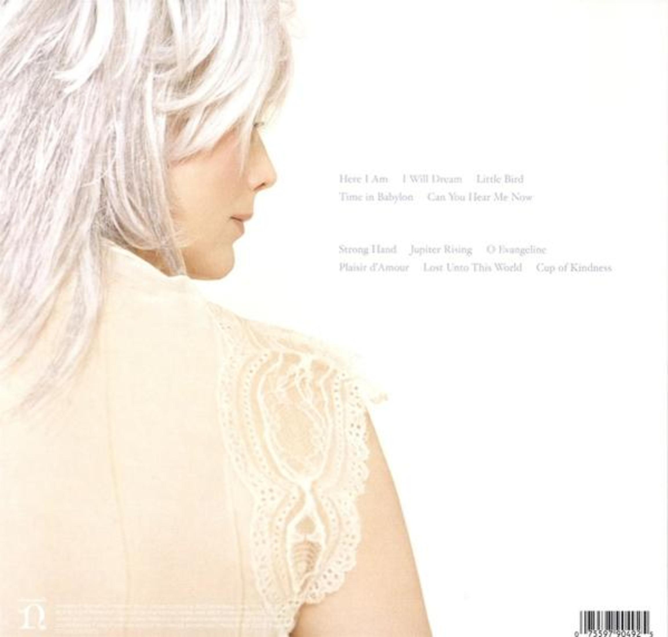 Contraportada del álbum: Perfil femenino, cabello blanco, encaje. Títulos de canciones a la derecha. Fondo beige. Texto negro.