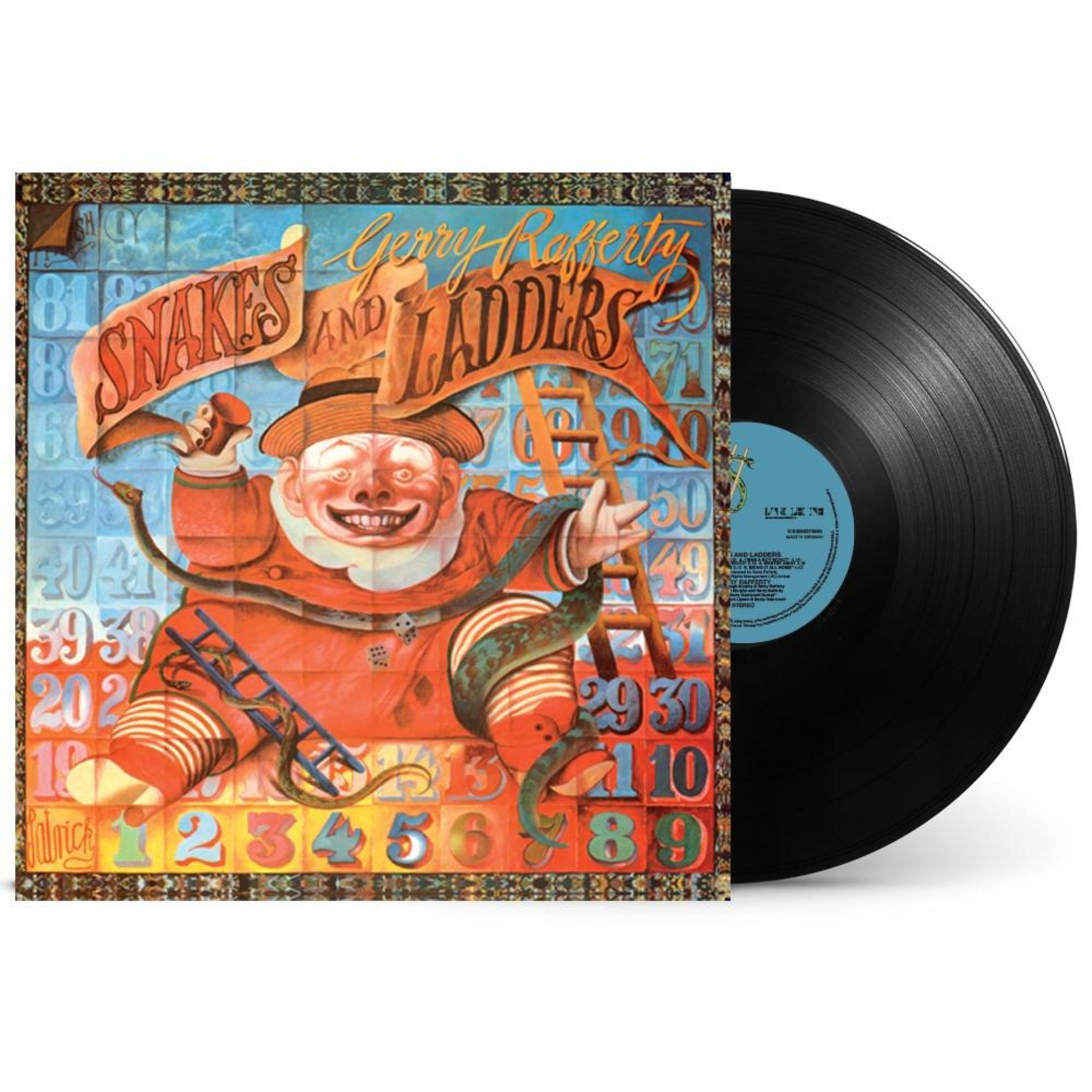 Portada del álbum de Gerry Rafferty. Figura de dibujos animados con una serpiente y una escalera.