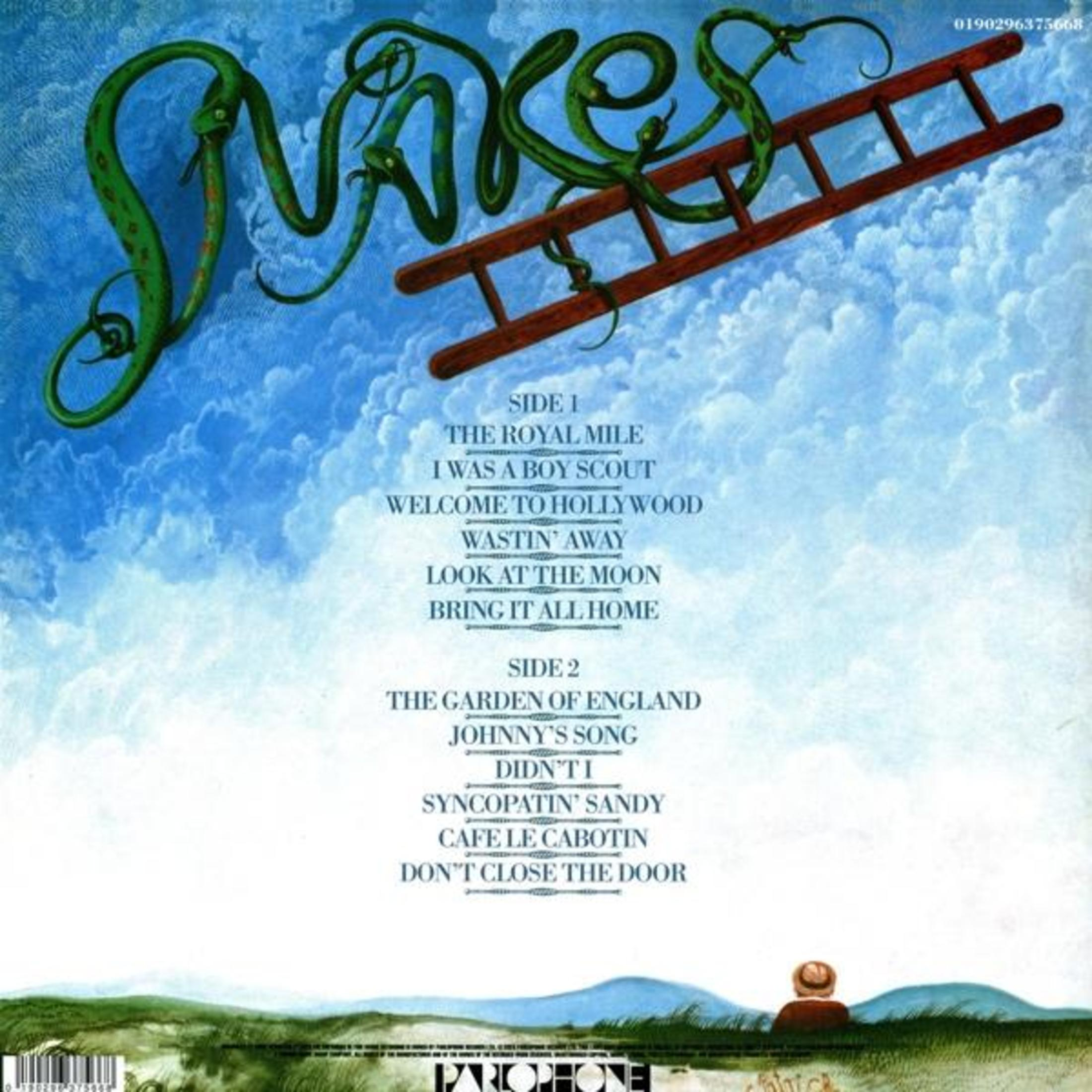 Portada del álbum: Snakes. Serpientes verdes sobre fondo de cielo. Una escalera. Títulos de canciones. Texto: Snakes.