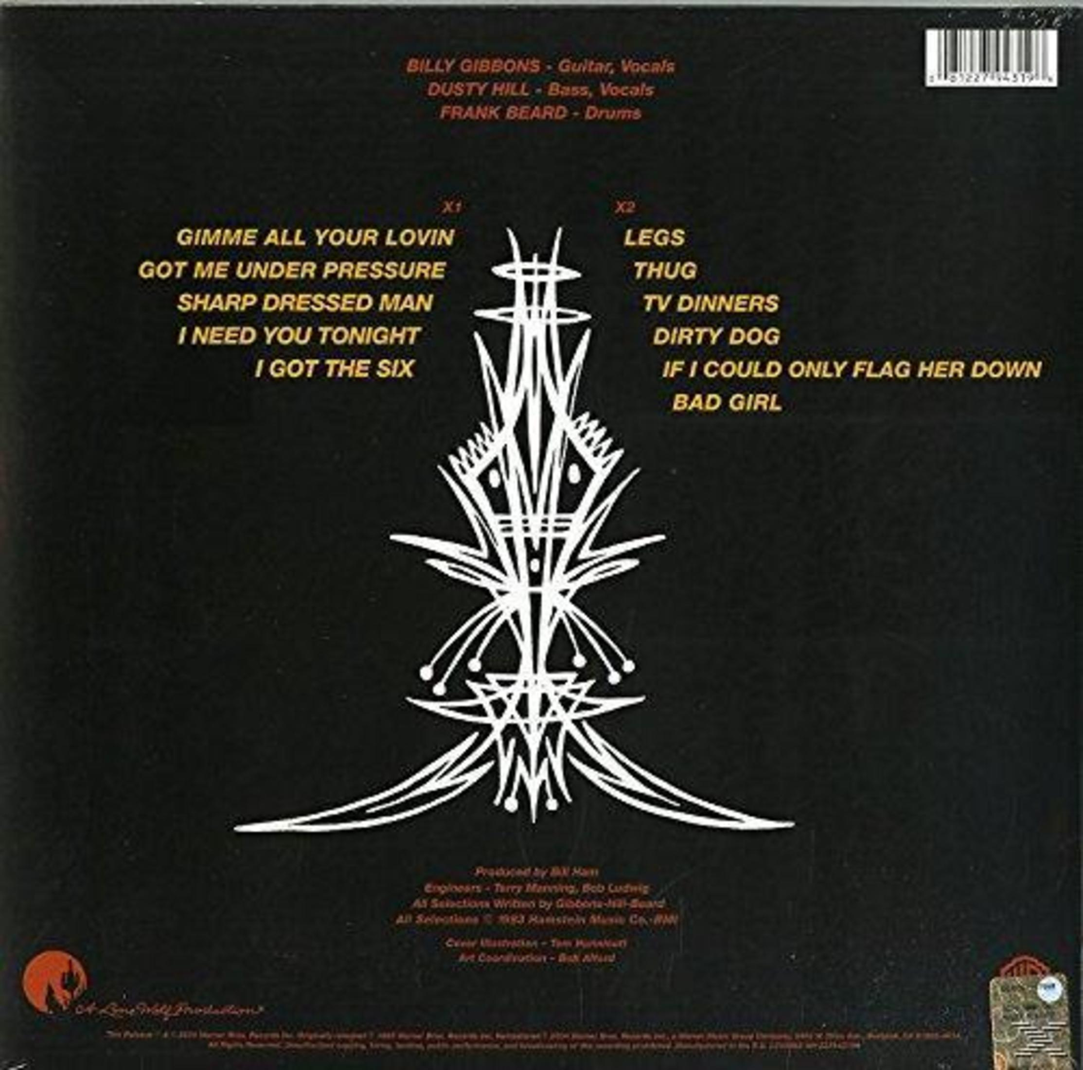 Retro di copertina dell'album degli ZZ Top. Include l'elenco dei brani, i membri della band e un design bianco stilizzato.