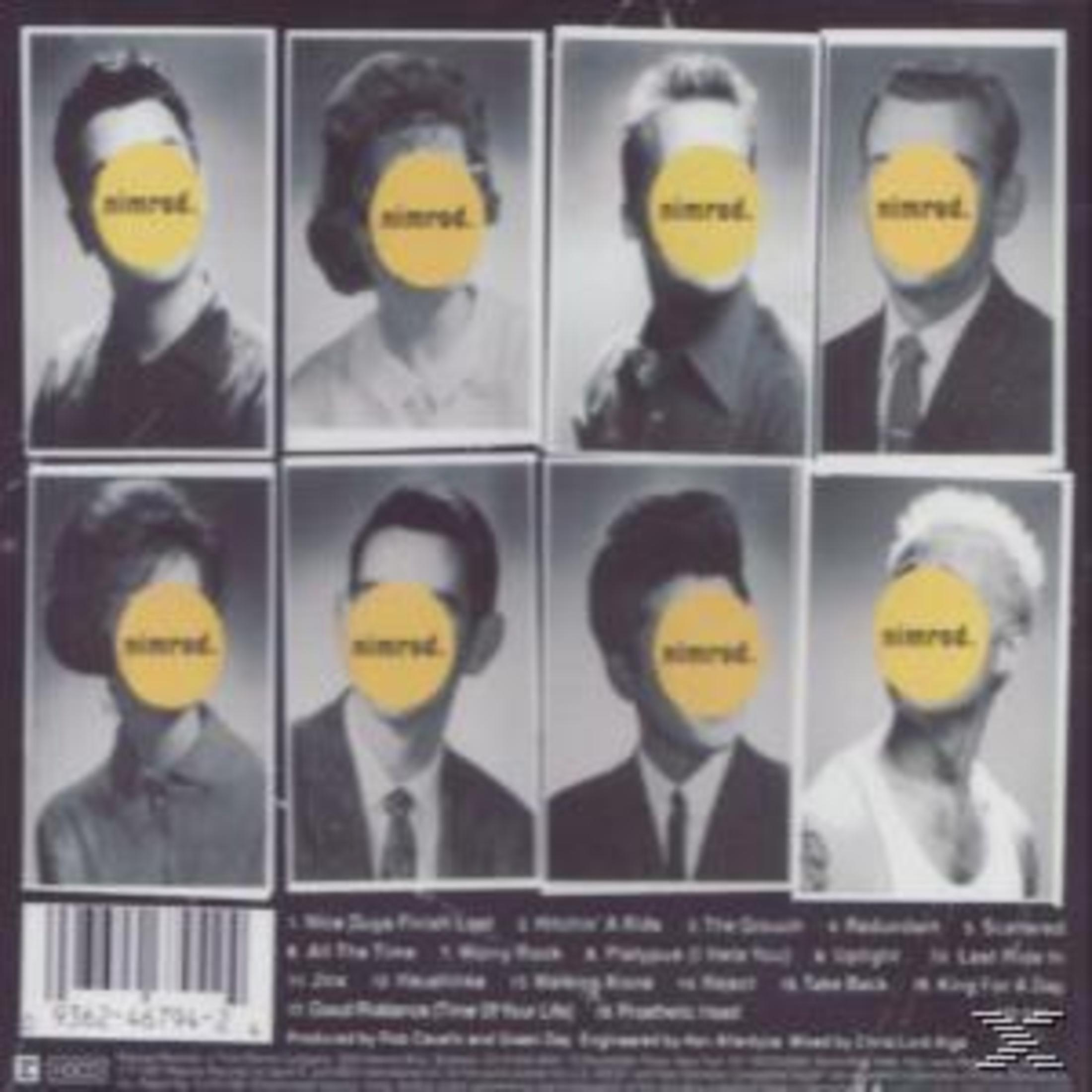 Copertina dell'album con otto foto di persone con cerchi gialli che coprono i loro volti, 'nimrod' è scritto.