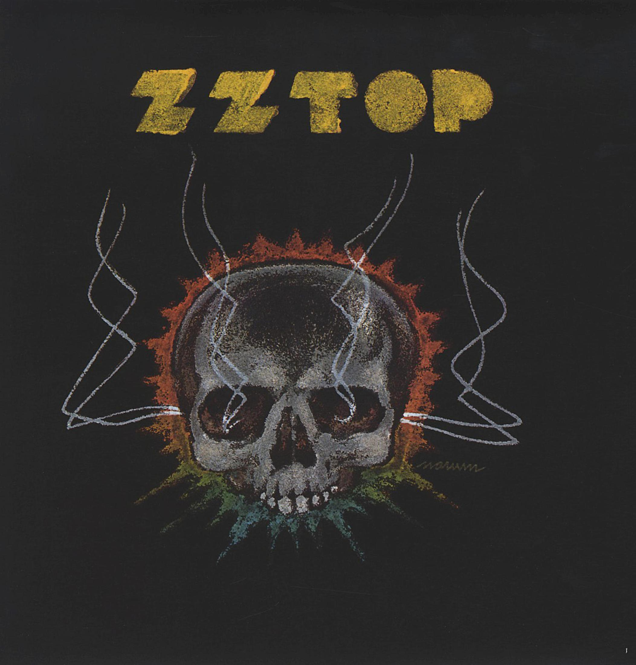 Ilustración de calavera con un halo de fuego. Título del álbum sobre un fondo negro.