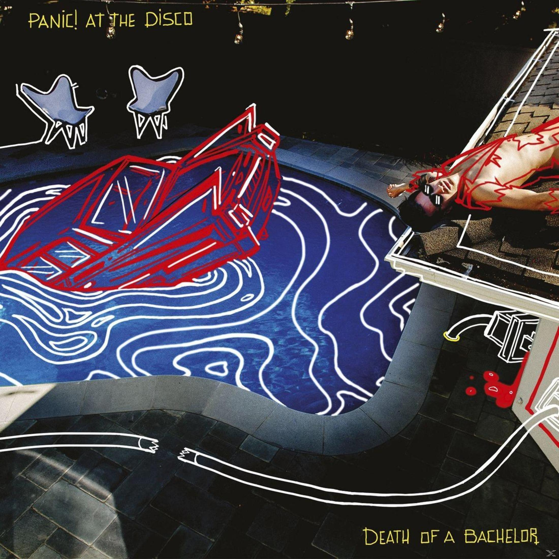 Copertina dell'album: Panic! At the Disco, una piscina, una persona e un profilo di casa.