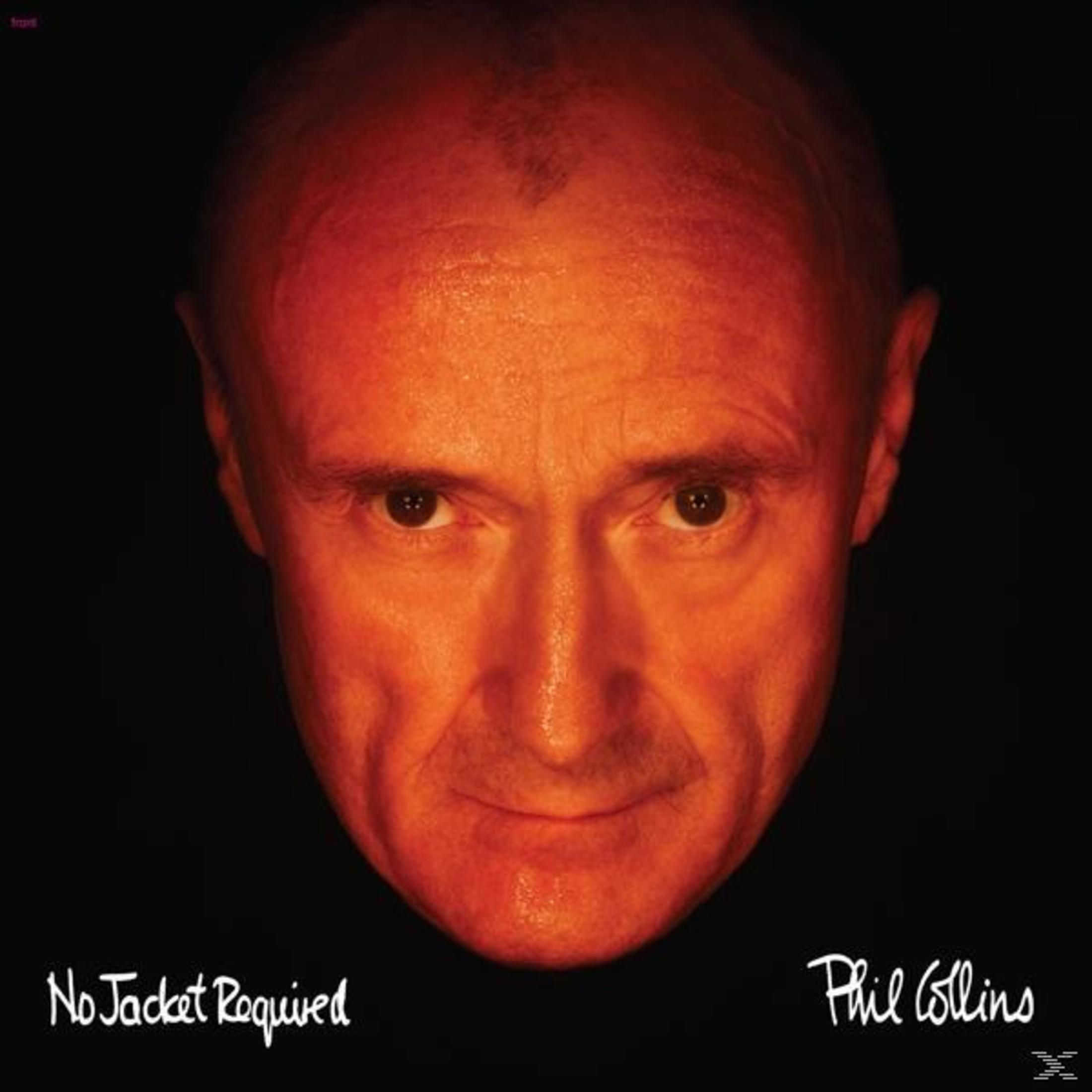 Volto di Phil Collins su sfondo rosso. La copertina dell'album mostra il volto con le parole 'No Jacket Required'.