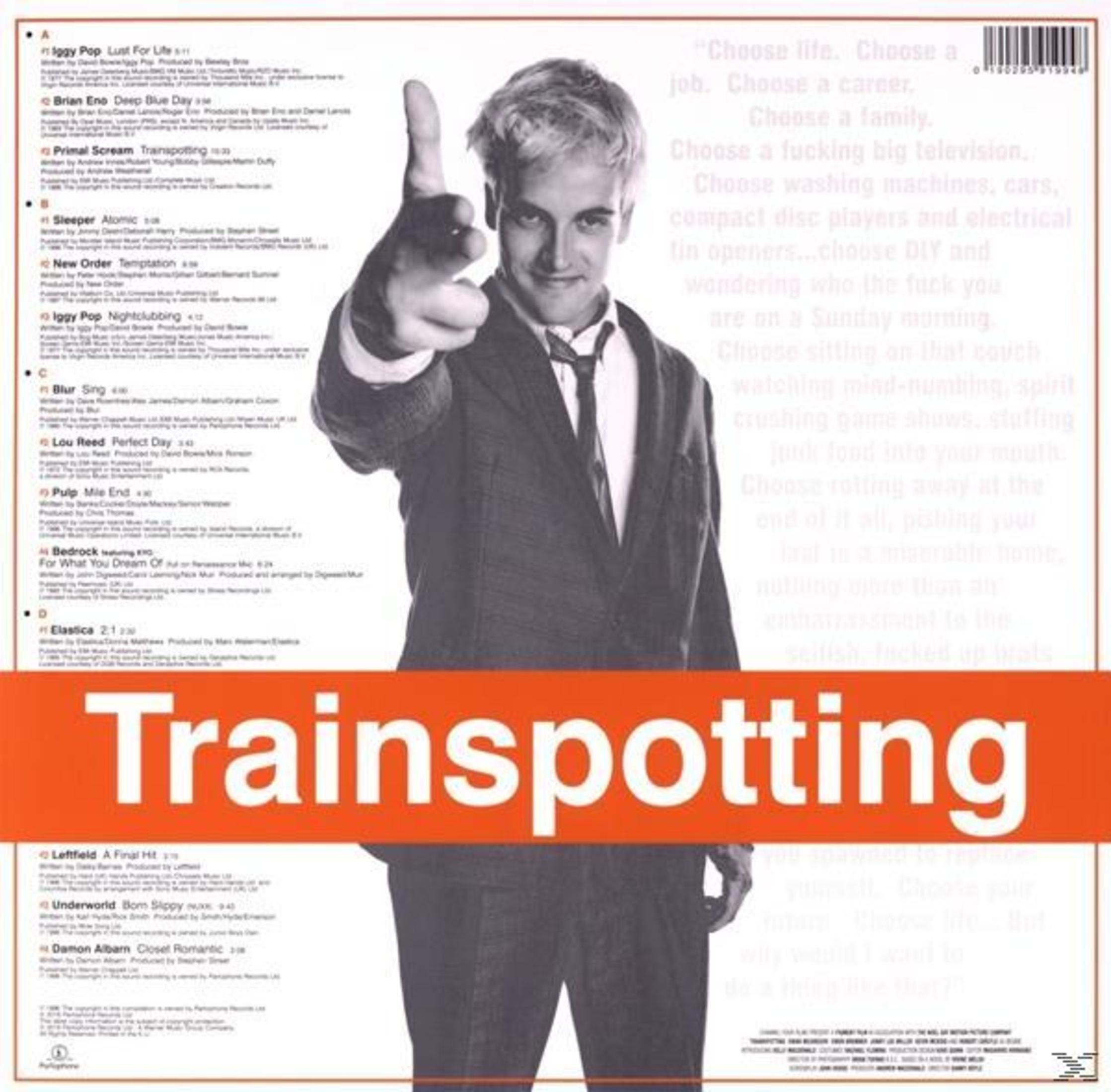Copertina di Trainspotting. Un uomo in giacca e cravatta punta una pistola con le dita, circondato da testo.