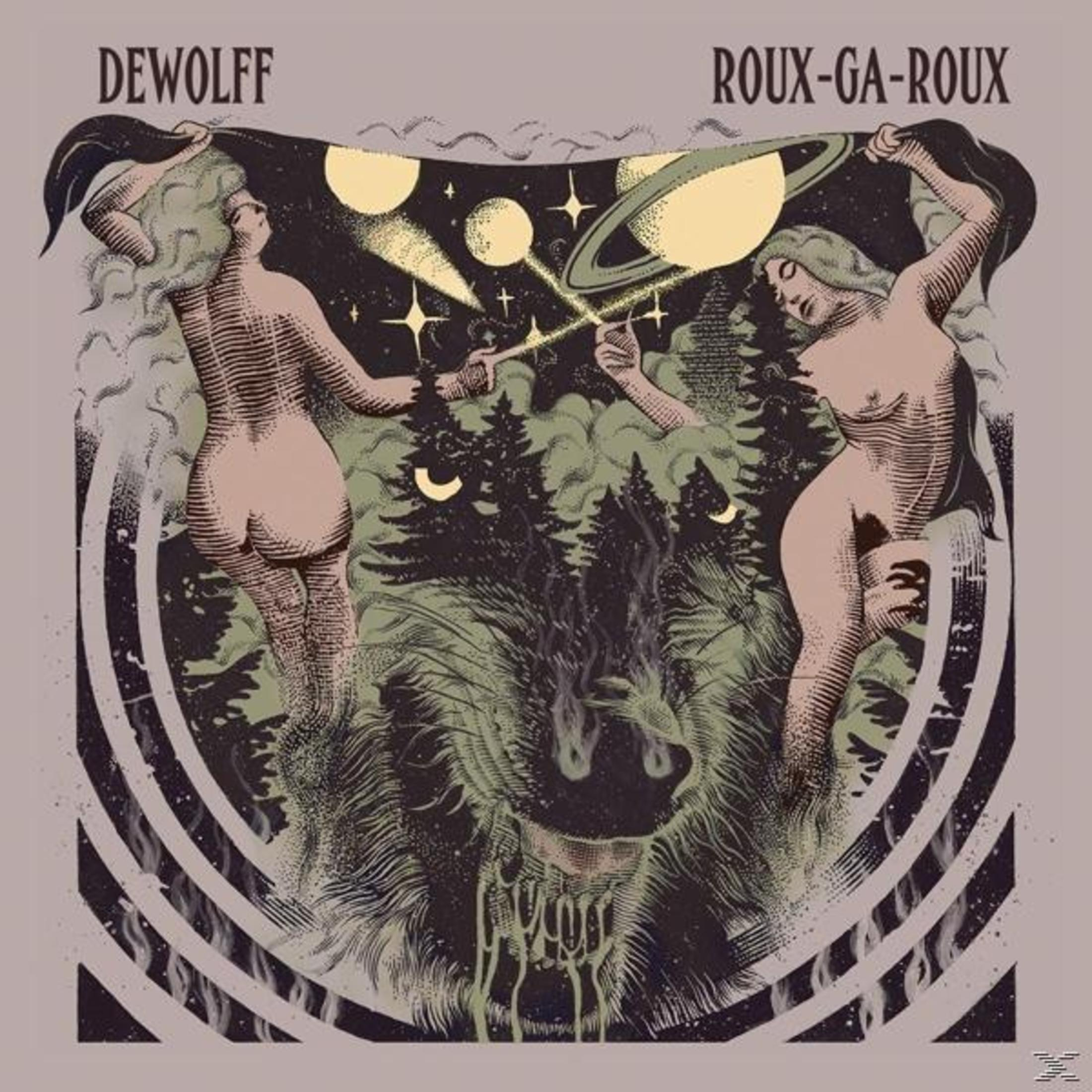 Twee naakte vrouwen op een omslag. Een wolvenkop in het midden, bomen op de achtergrond, DeWolff - Roux-Ga-Roux.