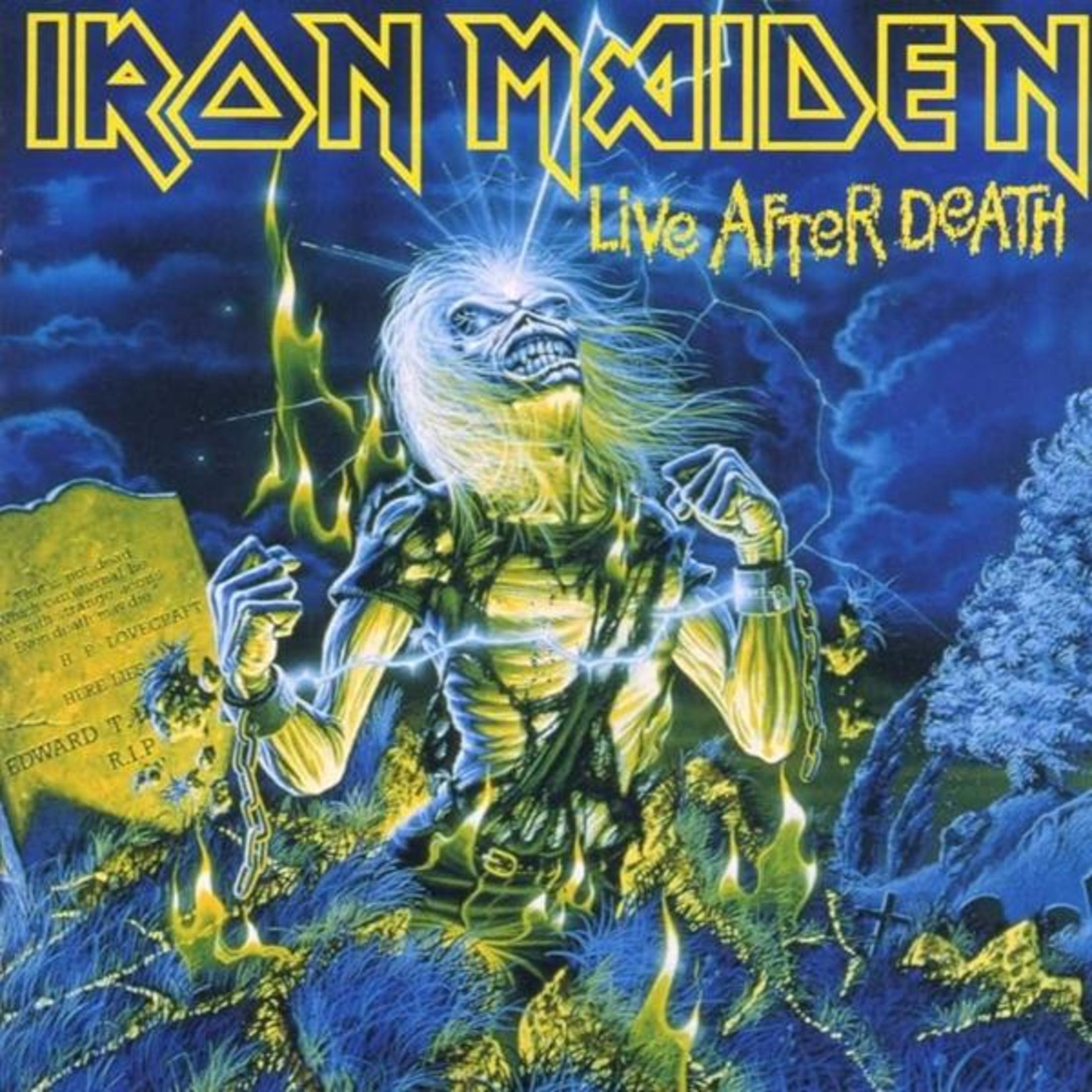 Copertina dell'album con uno zombie e un fulmine. Testo: Iron Maiden, Live After Death.