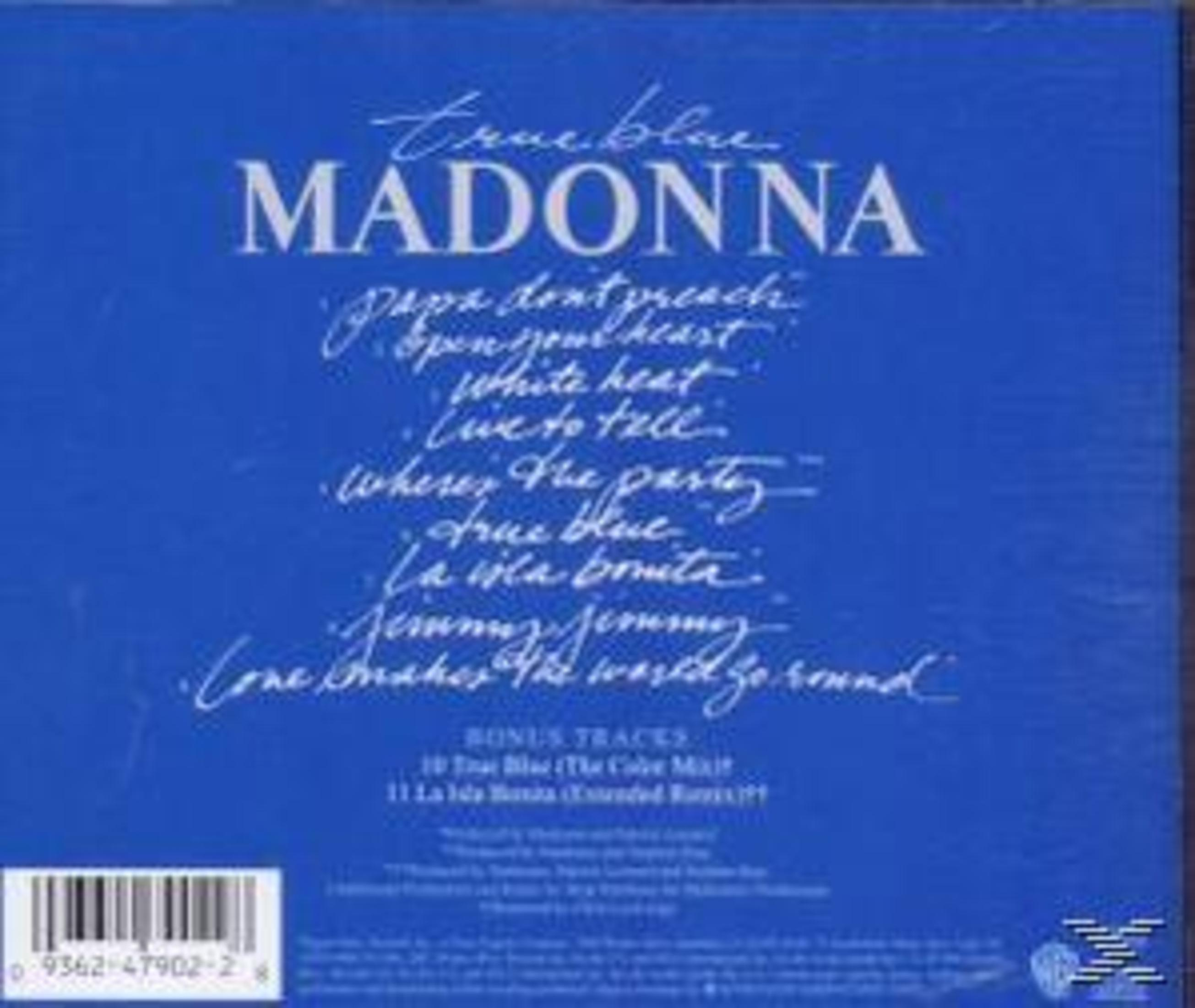Copertina dell'album: Madonna. Sfondo blu. Titoli delle canzoni in bianco. Testo: True Blue, Madonna.