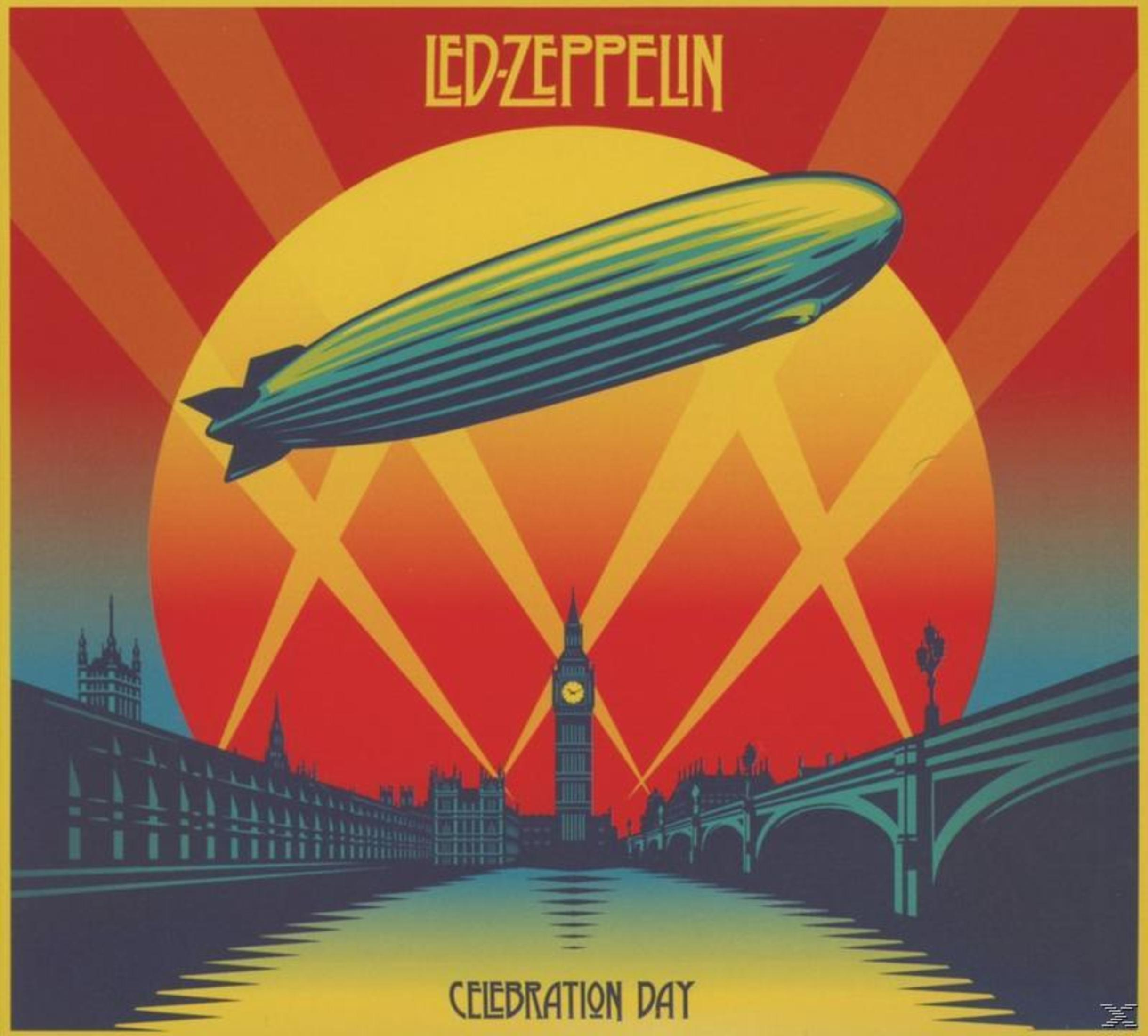Copertina dell'album dei Led Zeppelin. Immagine di uno zeppelin su una città con sfondo di sole e raggi.