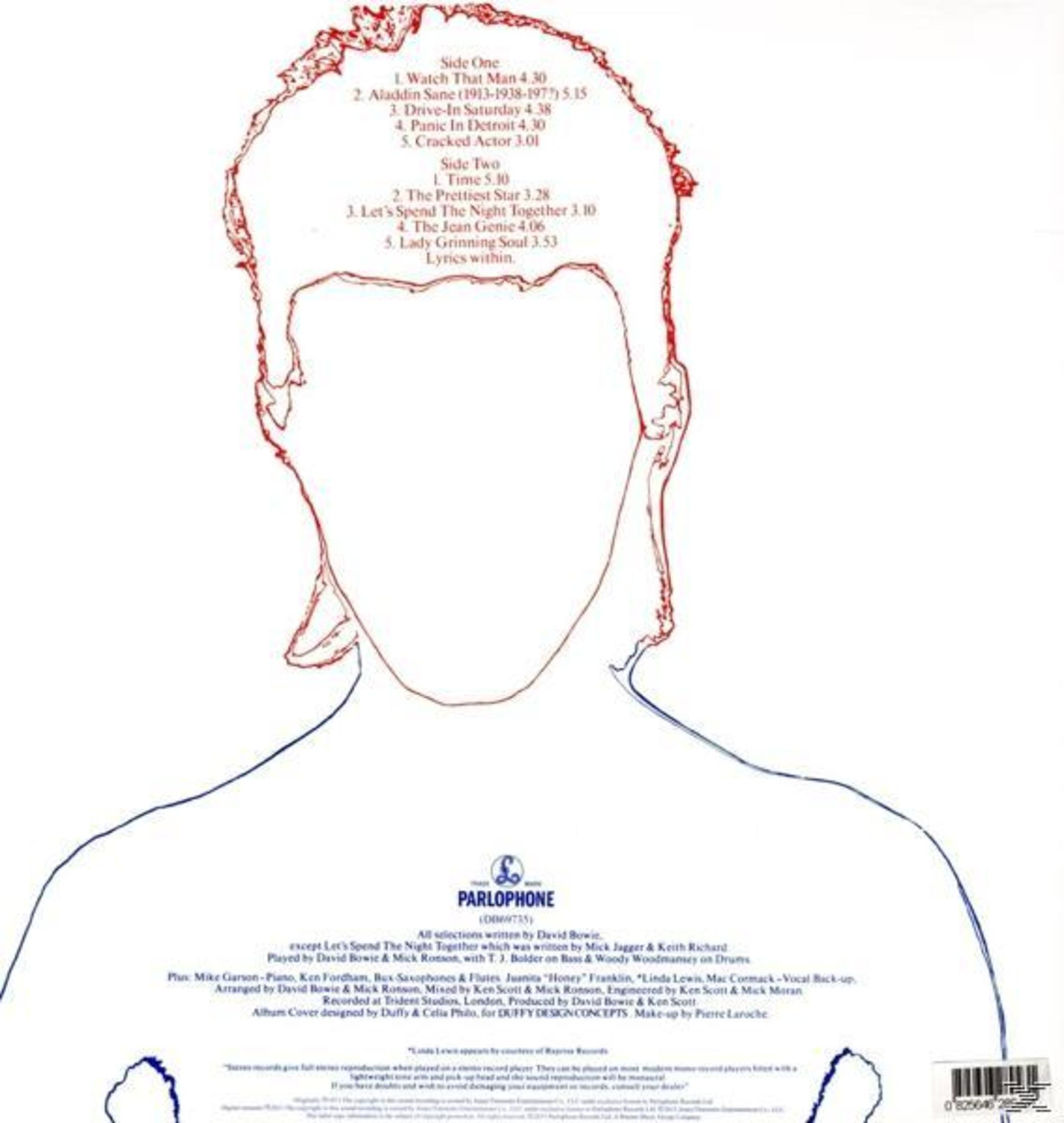 Retro di copertina dell'album di David Bowie. Silhouette del suo volto con elenco dei brani e crediti.