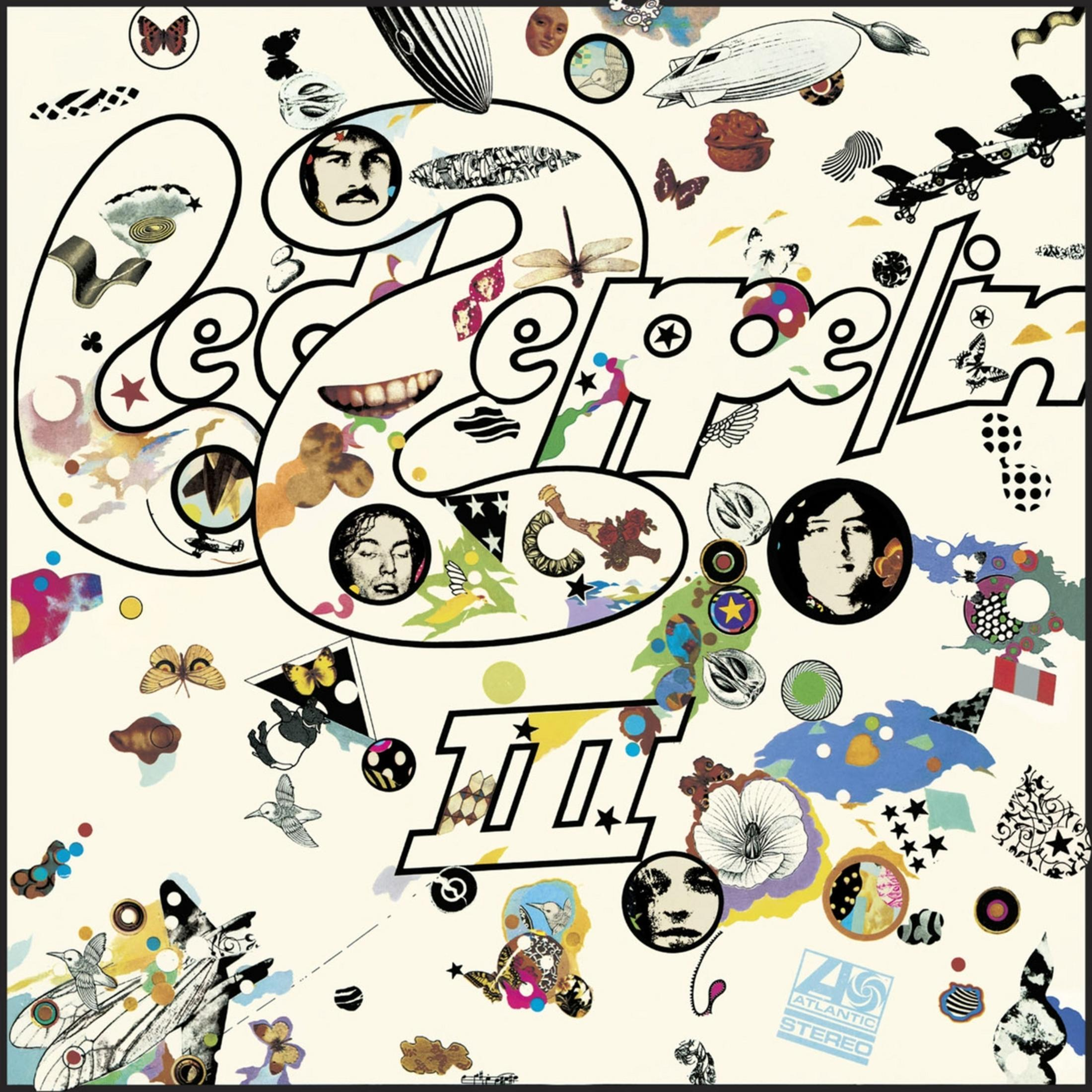 Copertina dell'album dei Led Zeppelin con varie immagini ed elementi testuali su sfondo crema.