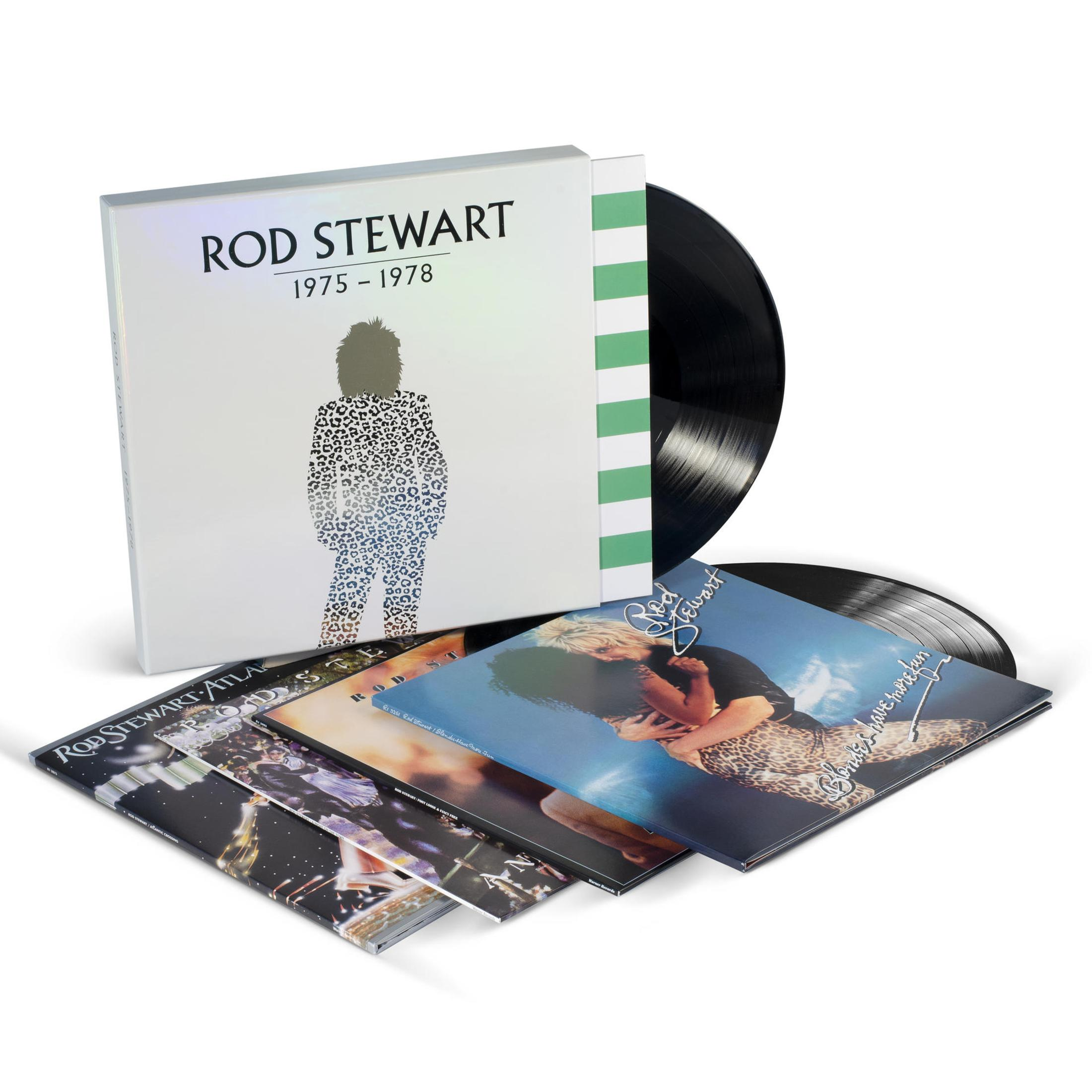 Albumhoes: Collectie Rod Stewart-albums, met een boxset en vinylplaten.