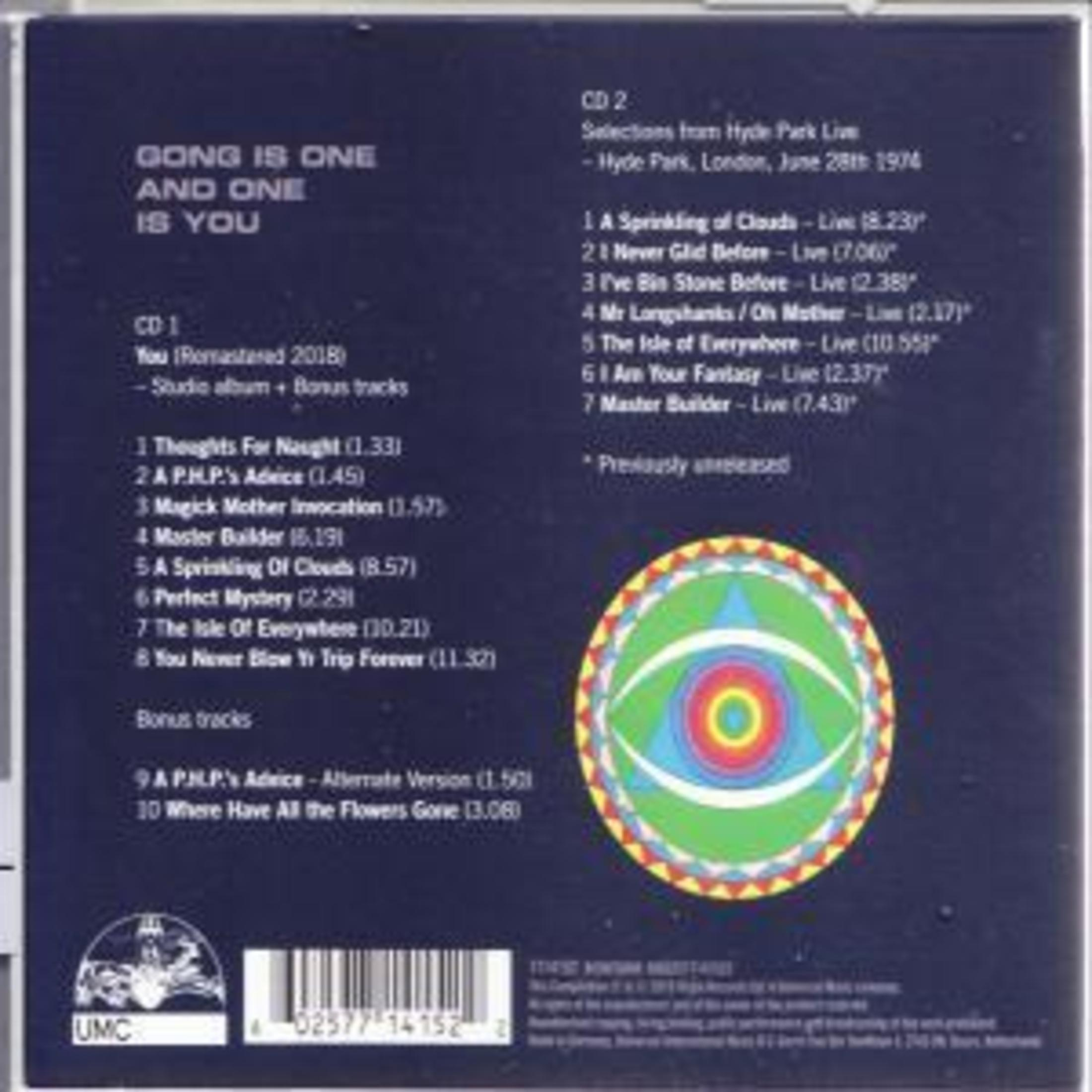 CD-Cover mit Titelliste, kreisförmigem Design und Text. 'Gong is One'.