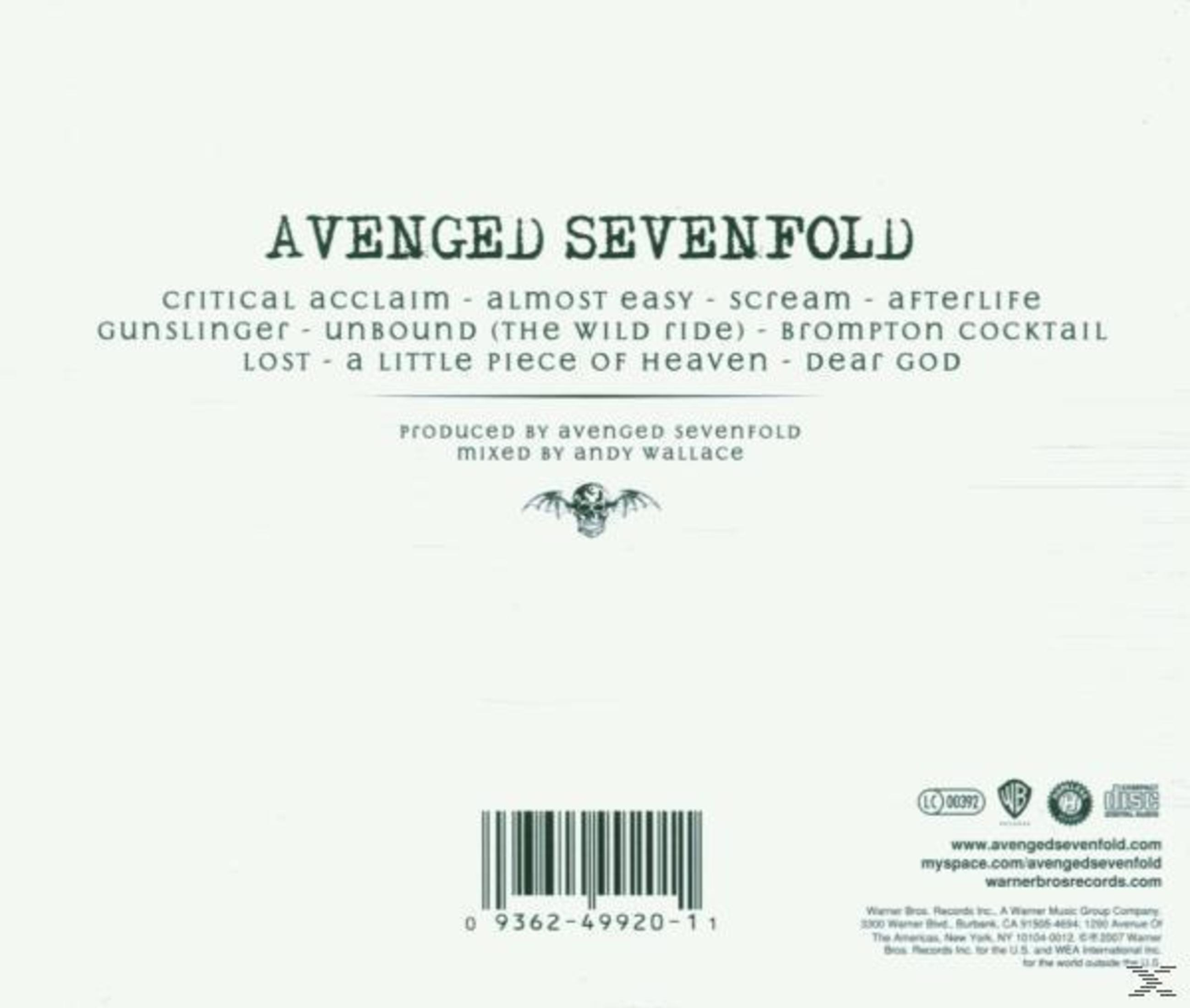 Retro copertina dell'album Avenged Sevenfold con tracklist e logo della band. Logo Warner Bros Records visibile.