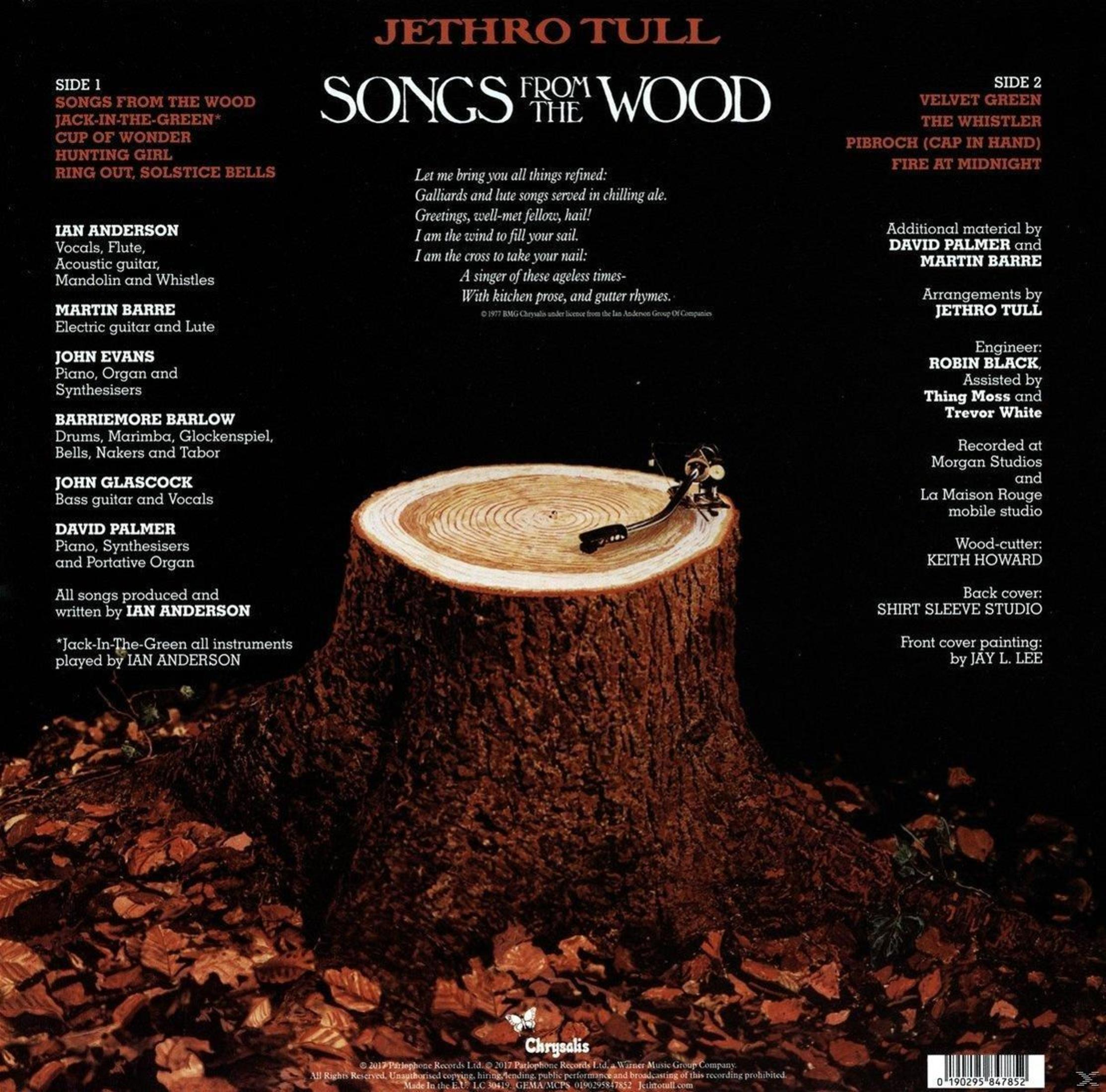 Copertina album: Jethro Tull, 'Songs from the Wood'. Dettagli album, ceppo e giradischi.