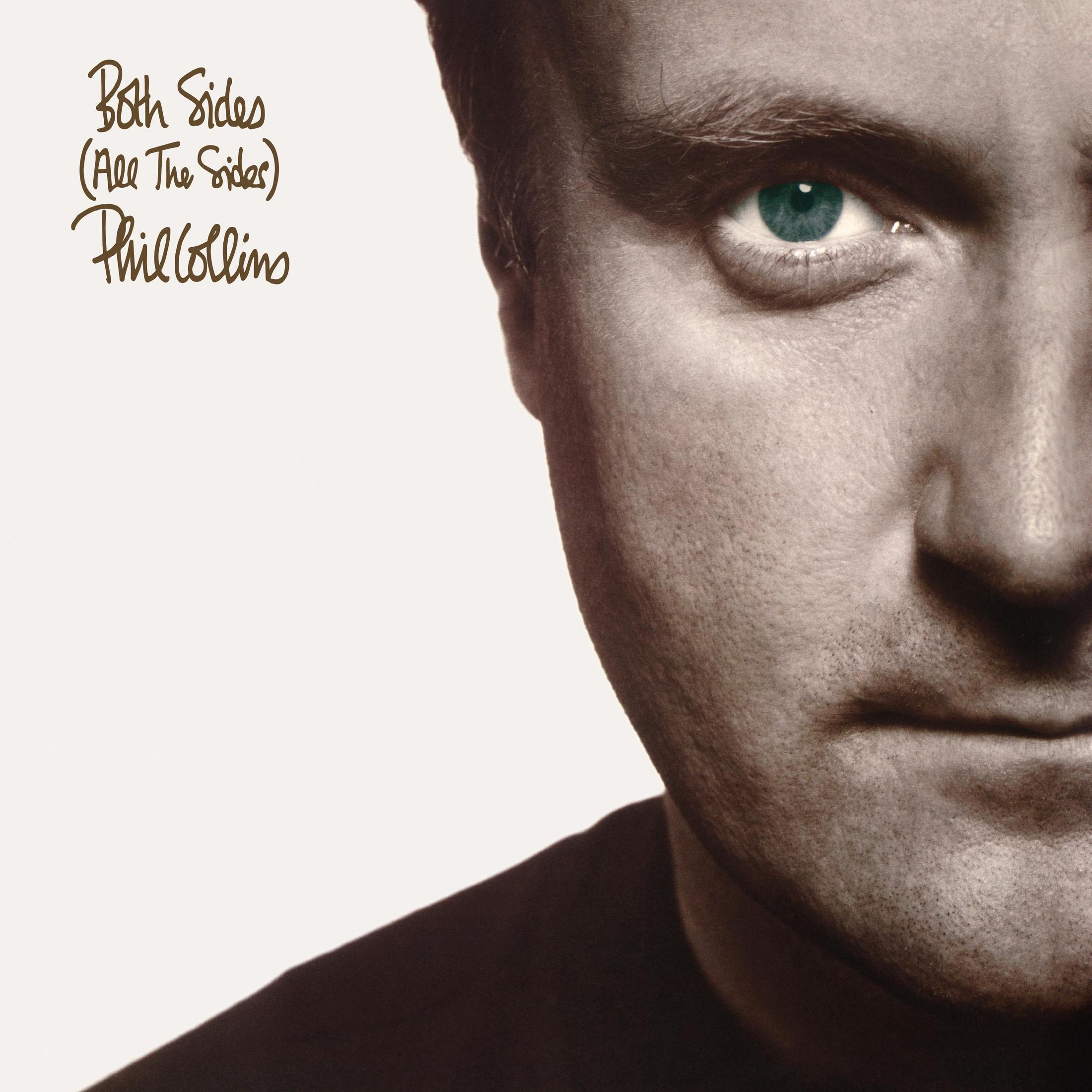 Phil Collins albumhoes, close-up van zijn gezicht, oog in focus, titel erboven.