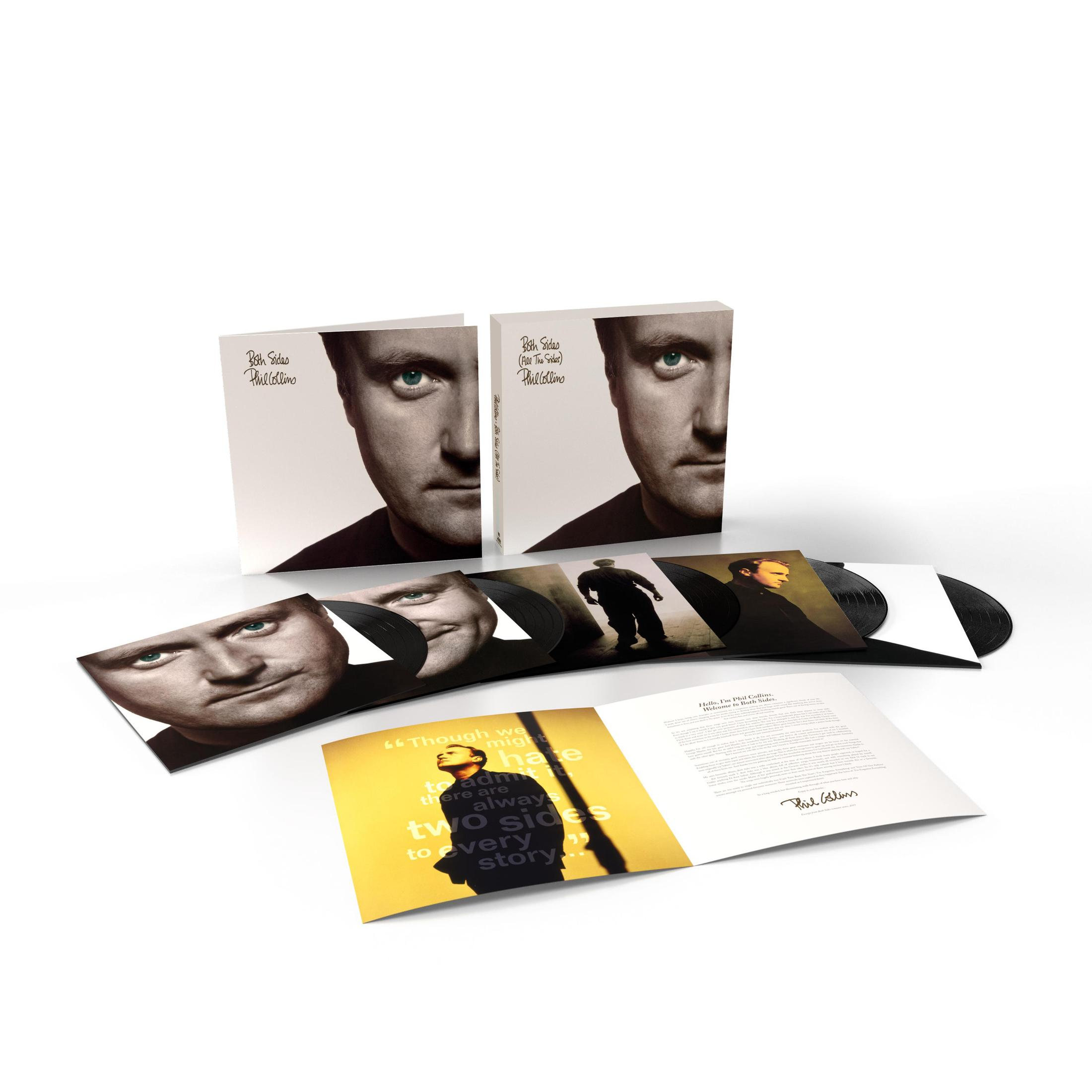 Albumhoes met het gezicht van een man op de voorkant, achterkant en binnenkant, met vinylplaten.