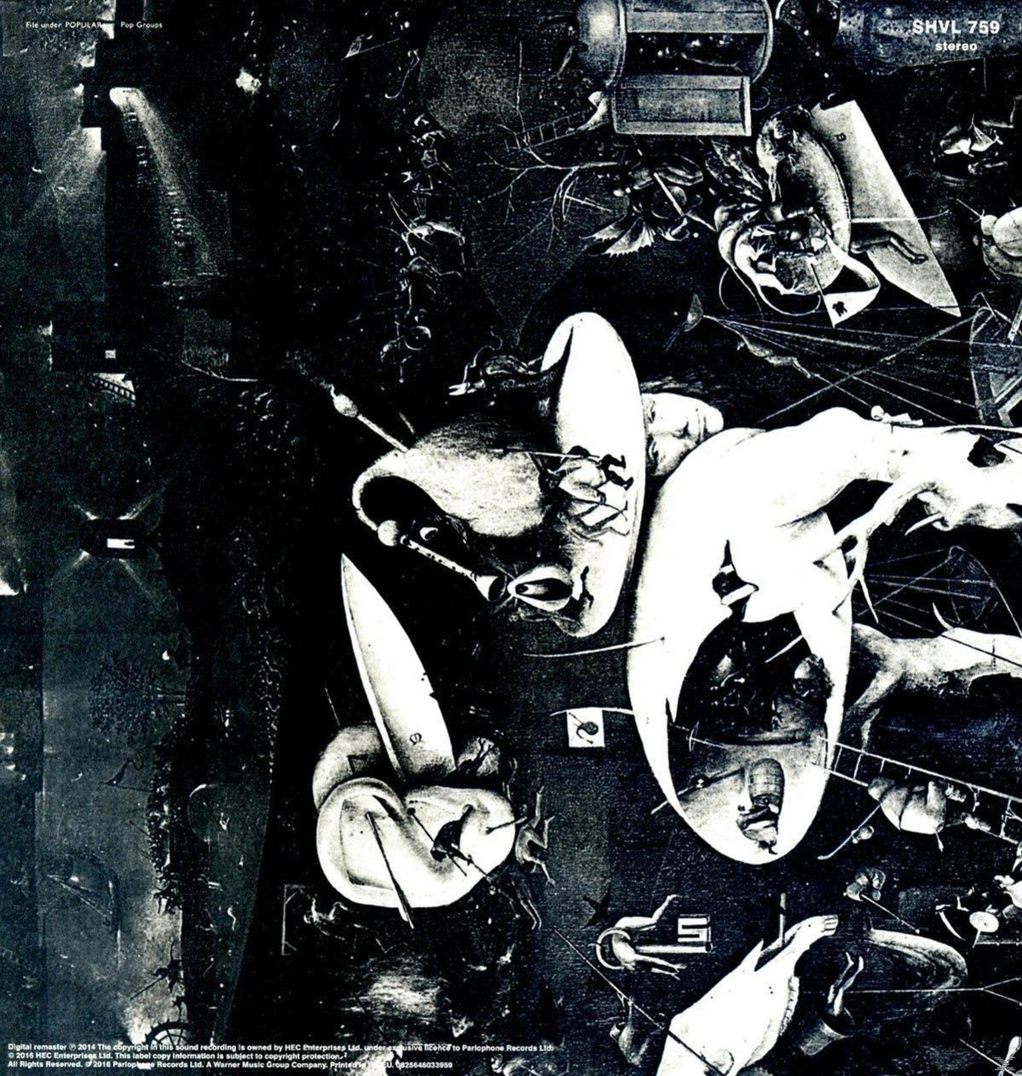 Copertina dell'album. Immagini scure con volti e figure. Forme bianche e sfondo scuro. Album Deep Purple.