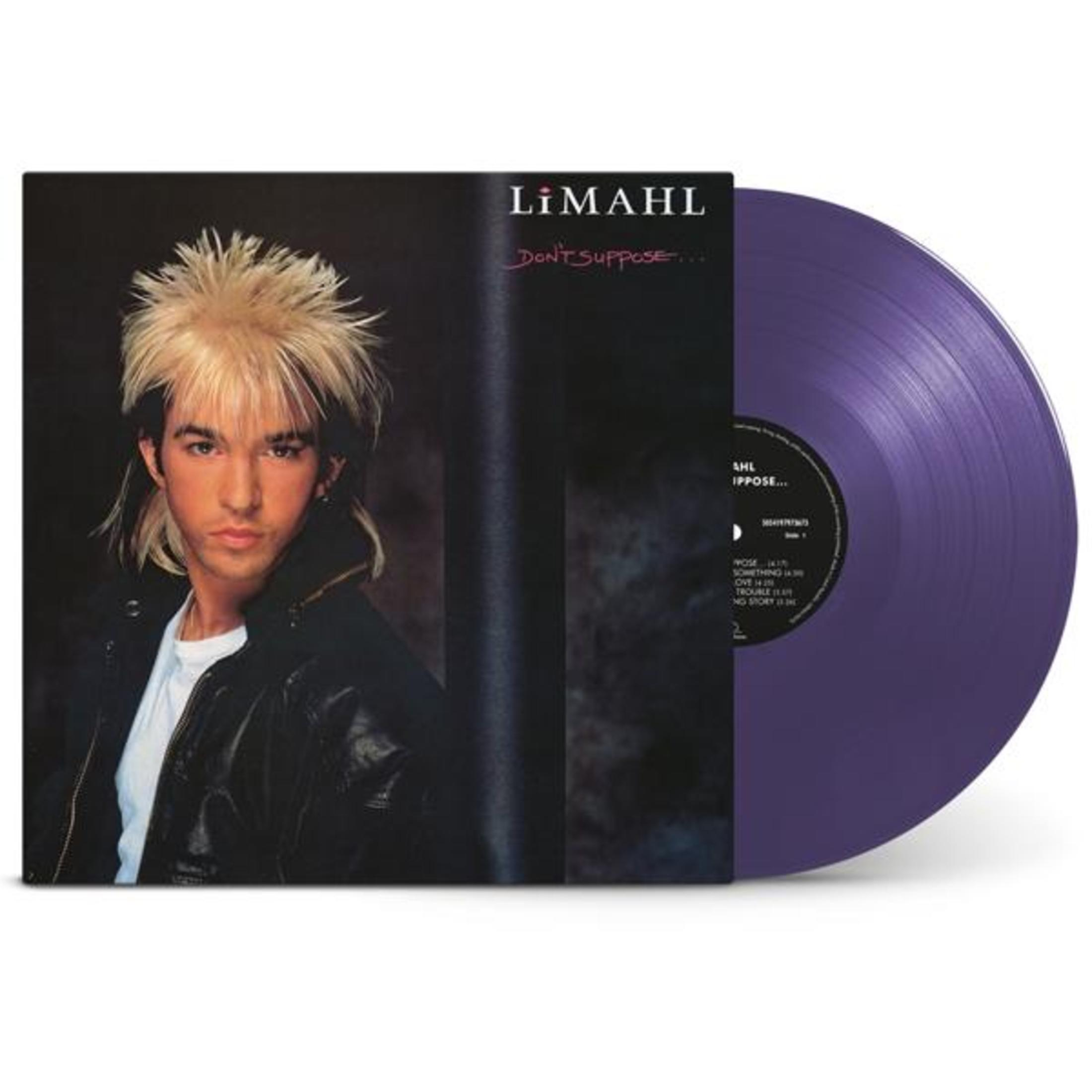 Okładka albumu. Limahl z blond włosami i czarną kurtką. Fioletowy winyl na białym tle.