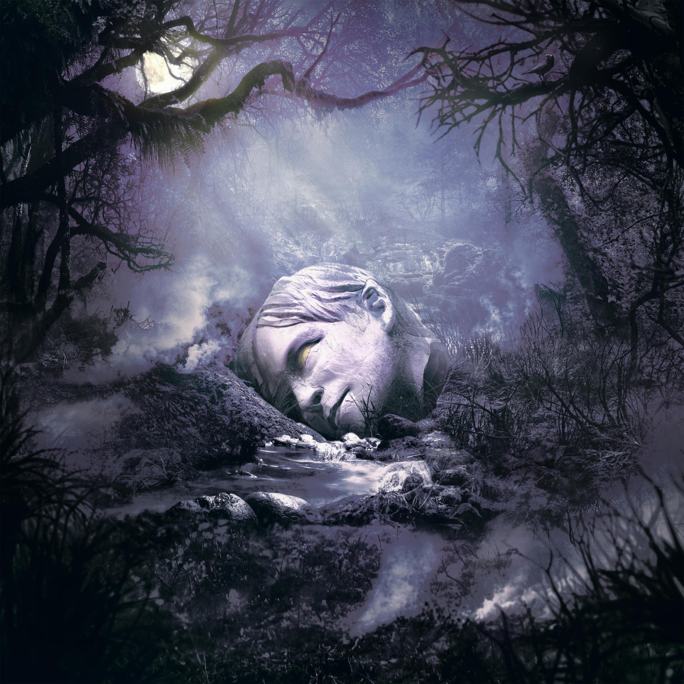 Immagine fantasy. Testa di pietra in una foresta. Chiaro di luna, alberi e acqua. Atmosfera oscura e mistica.