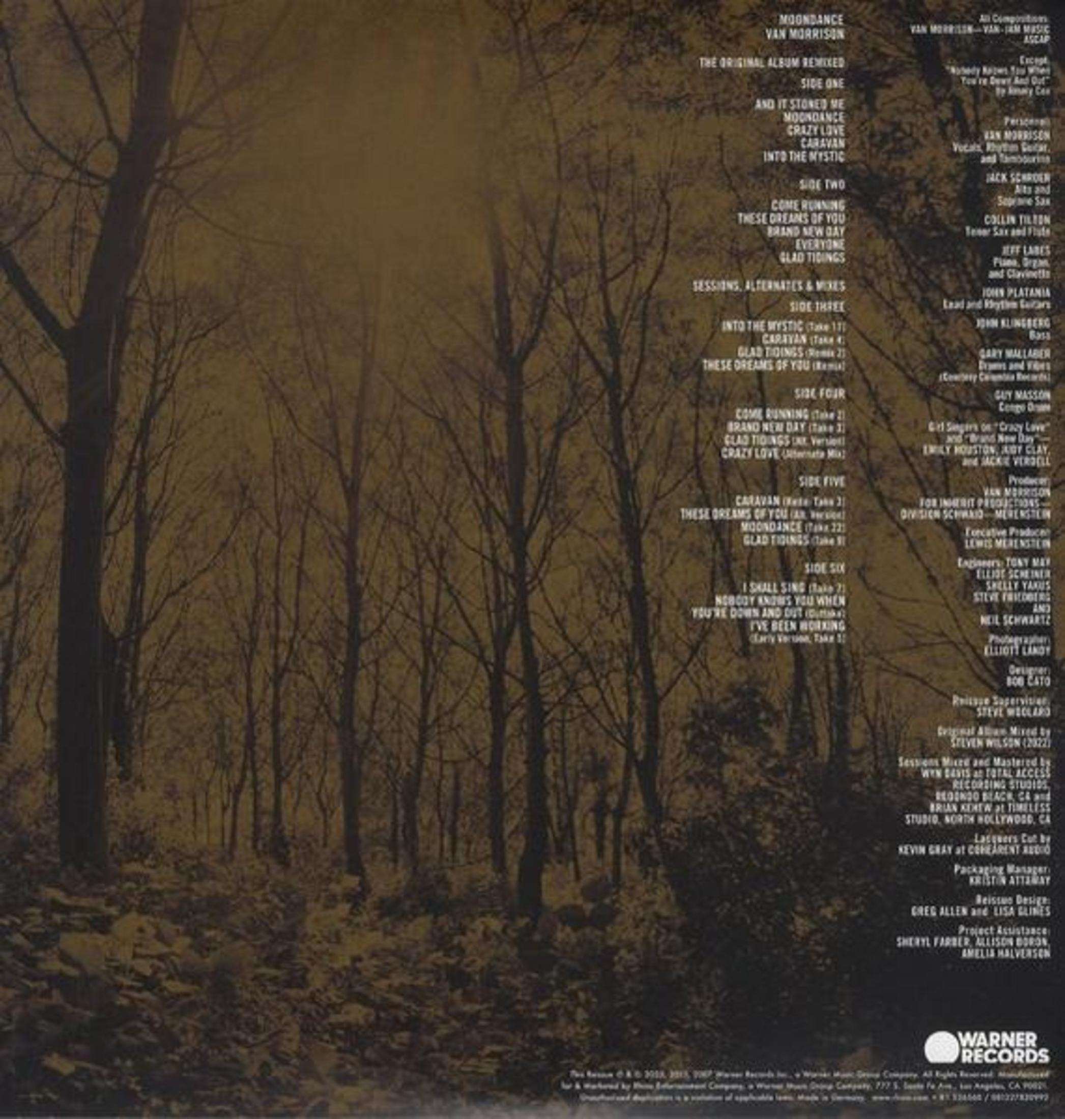 Retro della copertina dell'album con una scena di foresta con alberi e testo. Testo in alto e in basso.
