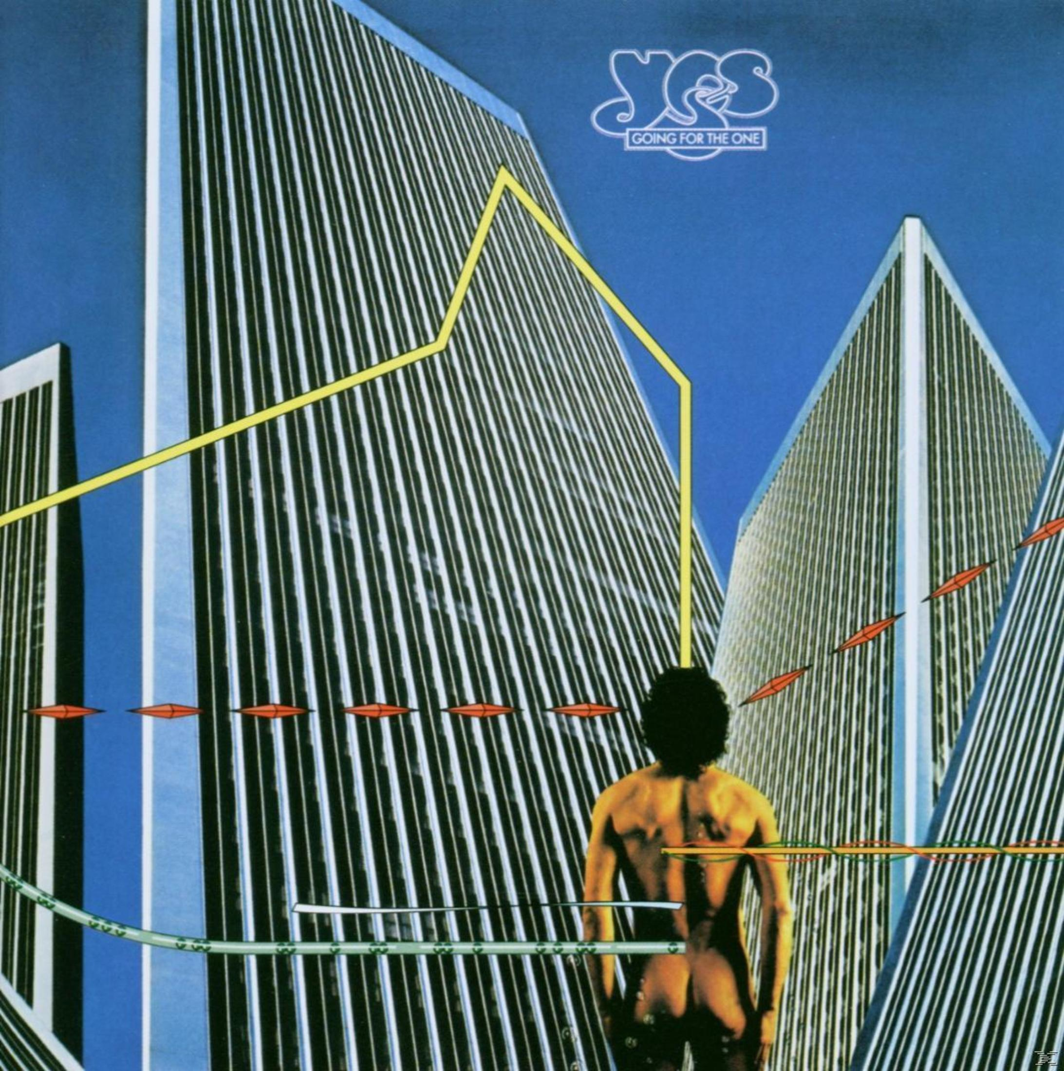 Albumhoes: Gebouwen en een naakte man met gele lijnen, blauwe lucht.
