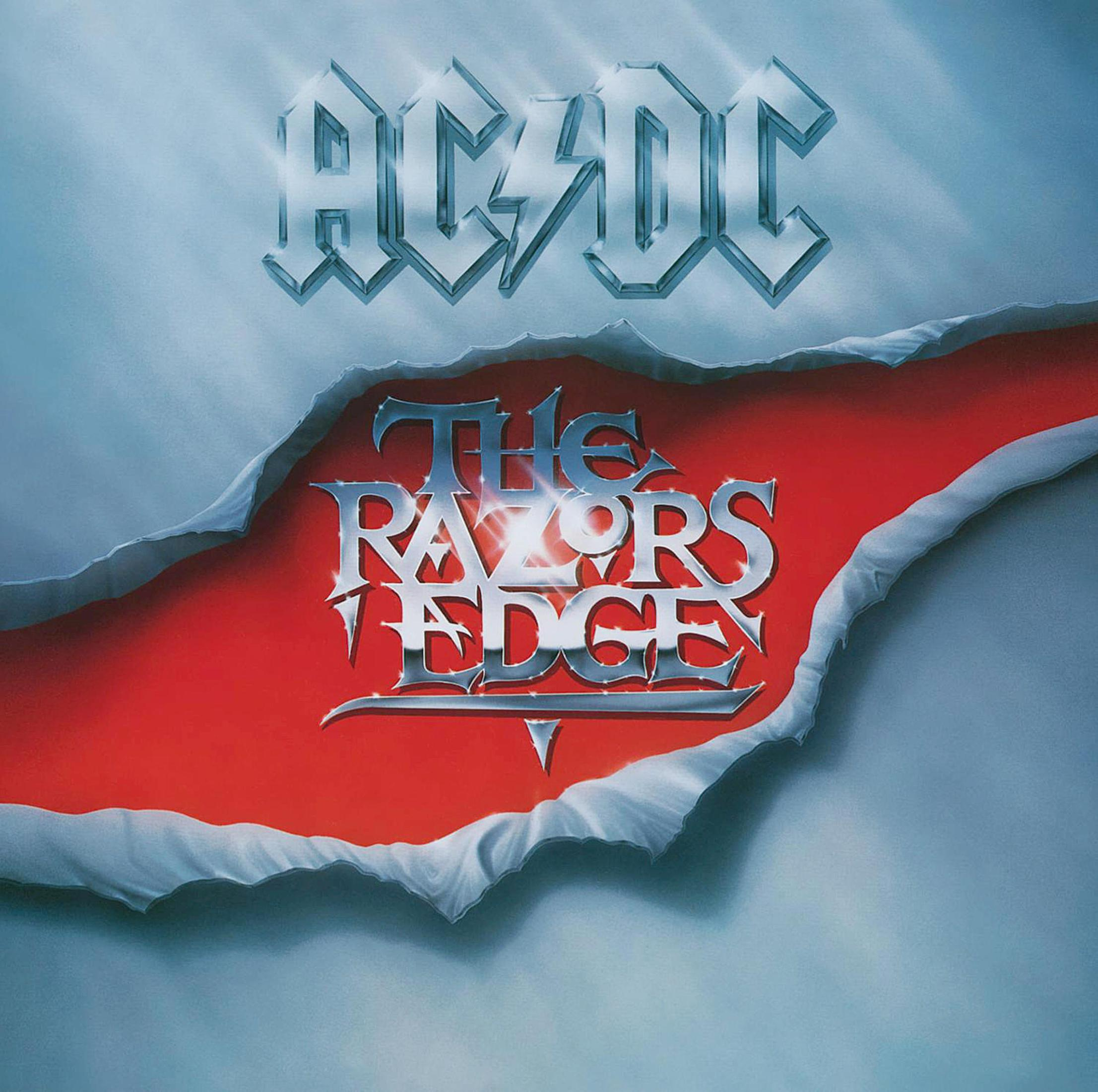 Portada del álbum: Papel rasgado revela fondo rojo con 'The Razor's Edge' y el nombre de la banda 'AC/DC'.