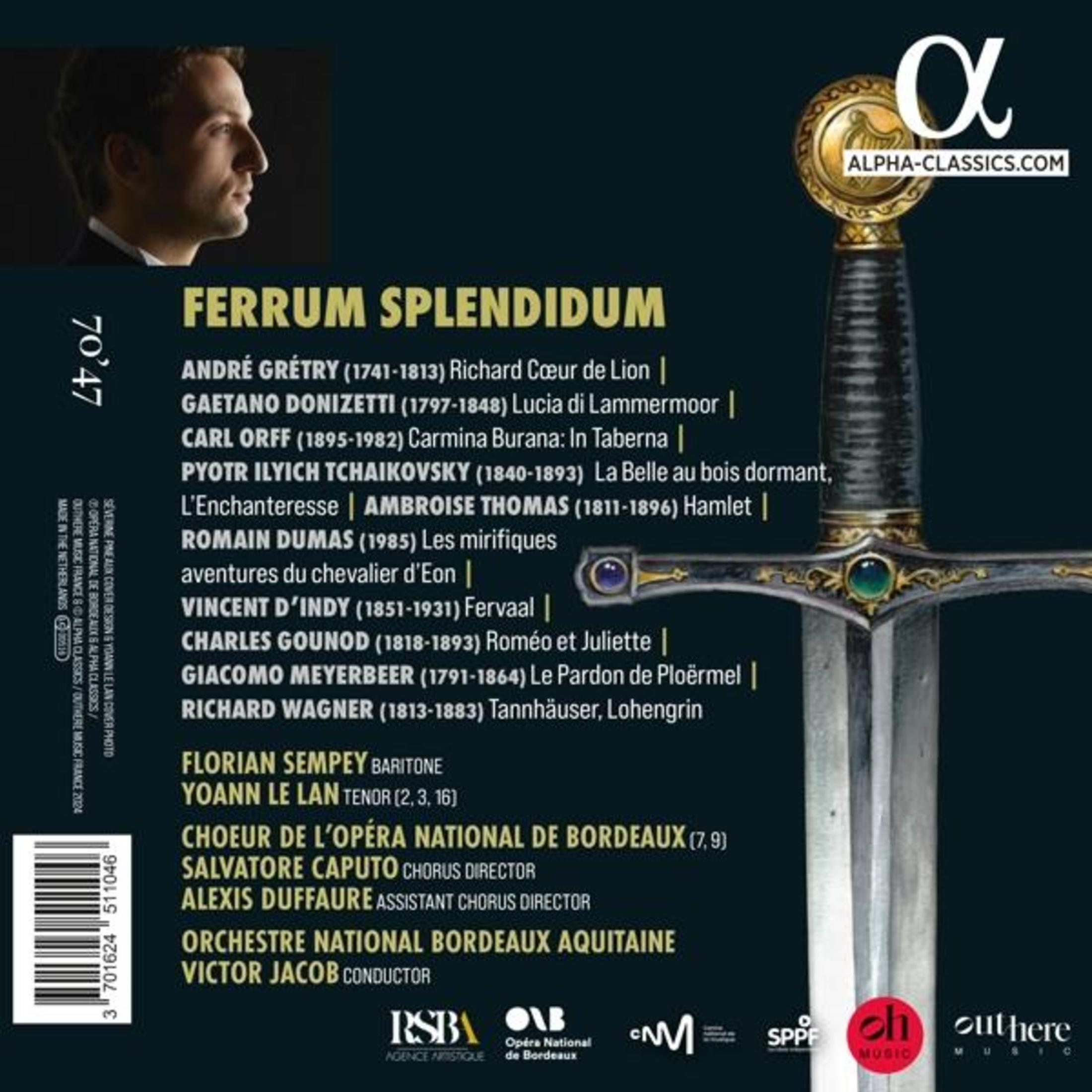 Portada del álbum, perfil de hombre, gráfico de espada, con texto 'Ferrum Splendidum' y nombres de compositores.