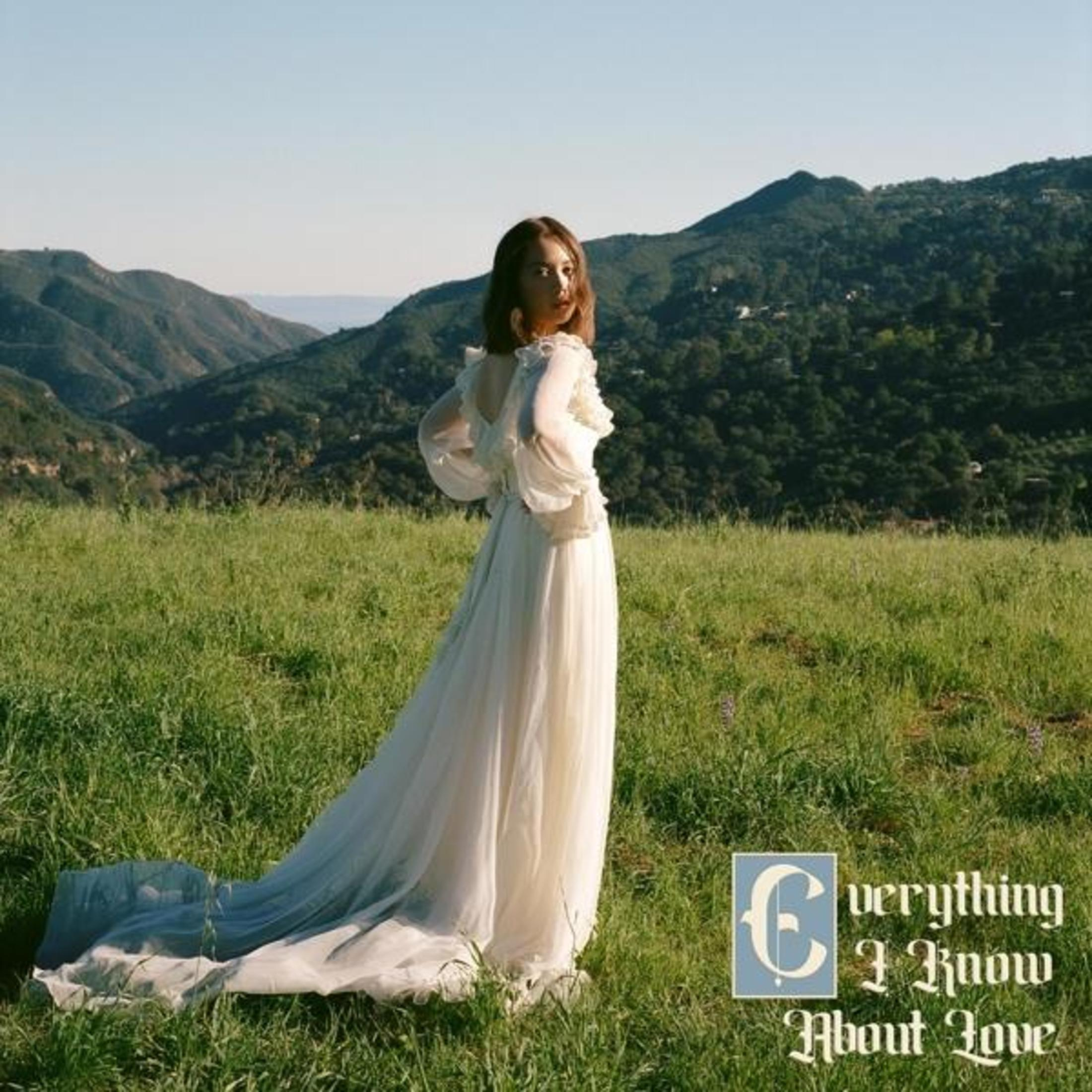 Albumhoes met een vrouw in een witte jurk die in een veld staat met bergen op de achtergrond.