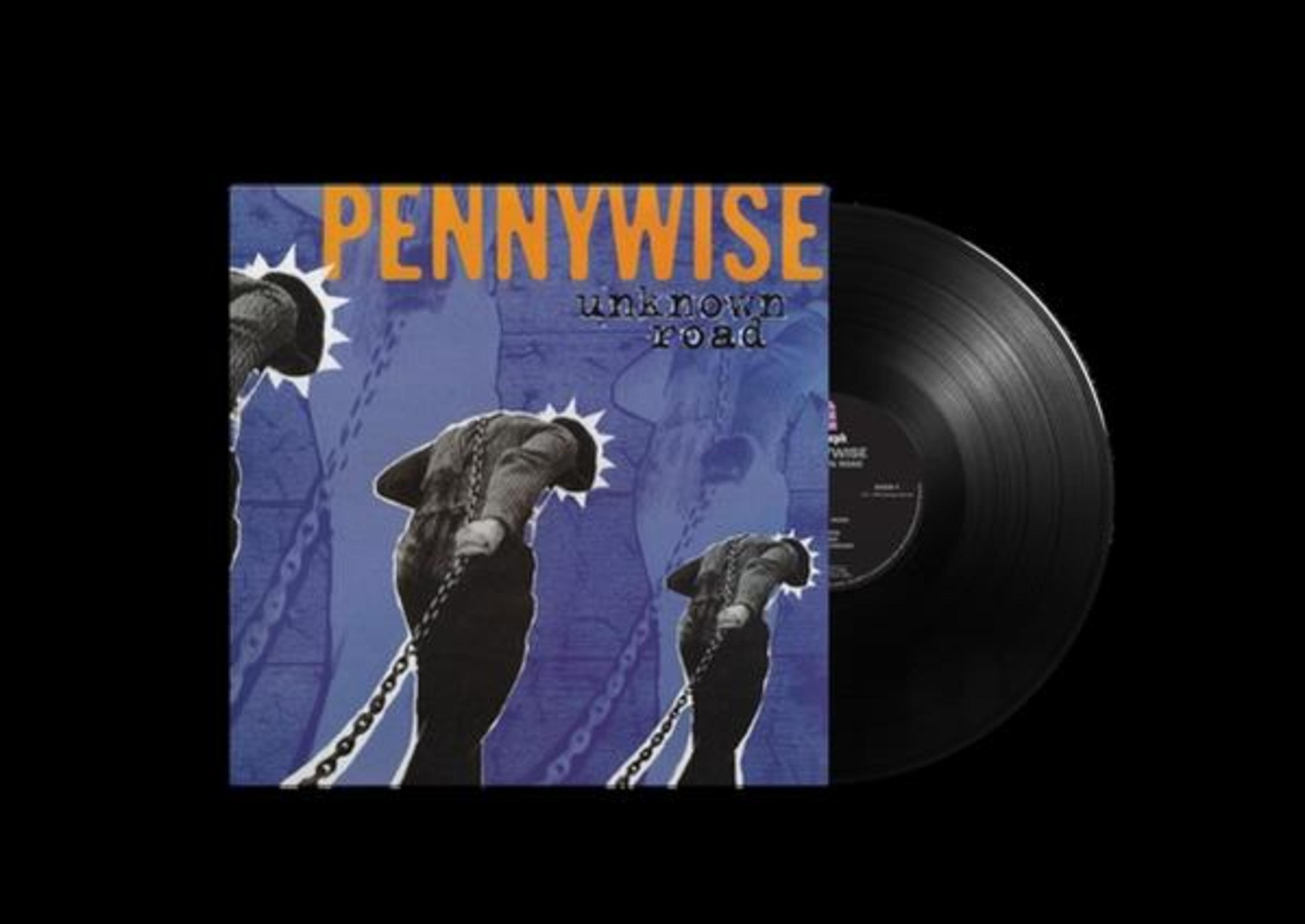 Copertina dell'album Pennywise con titolo 'Unknown Road'. Un disco in vinile è sul lato destro.