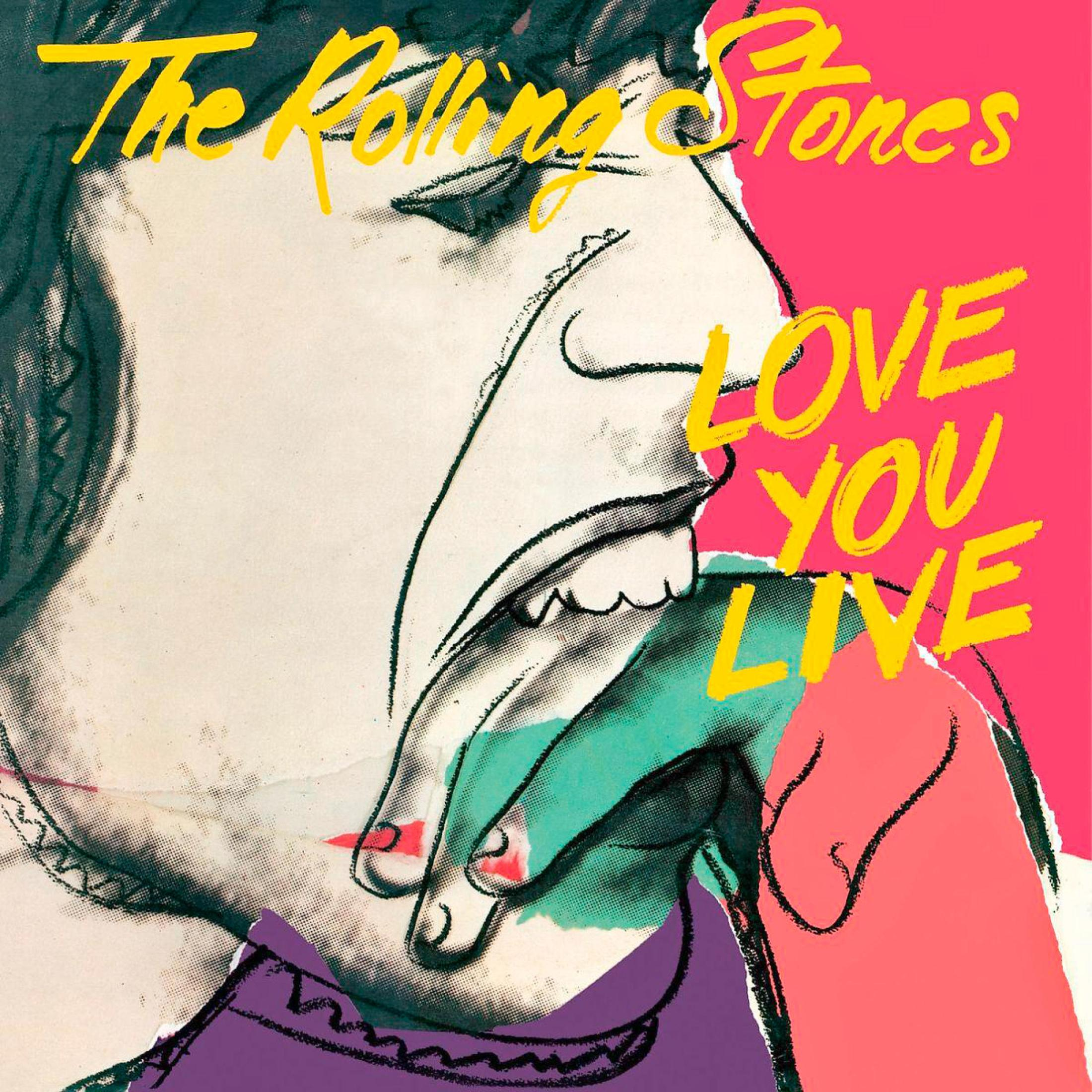 Copertina dell'album, The Rolling Stones 'Love You Live', volto con mano e testo.