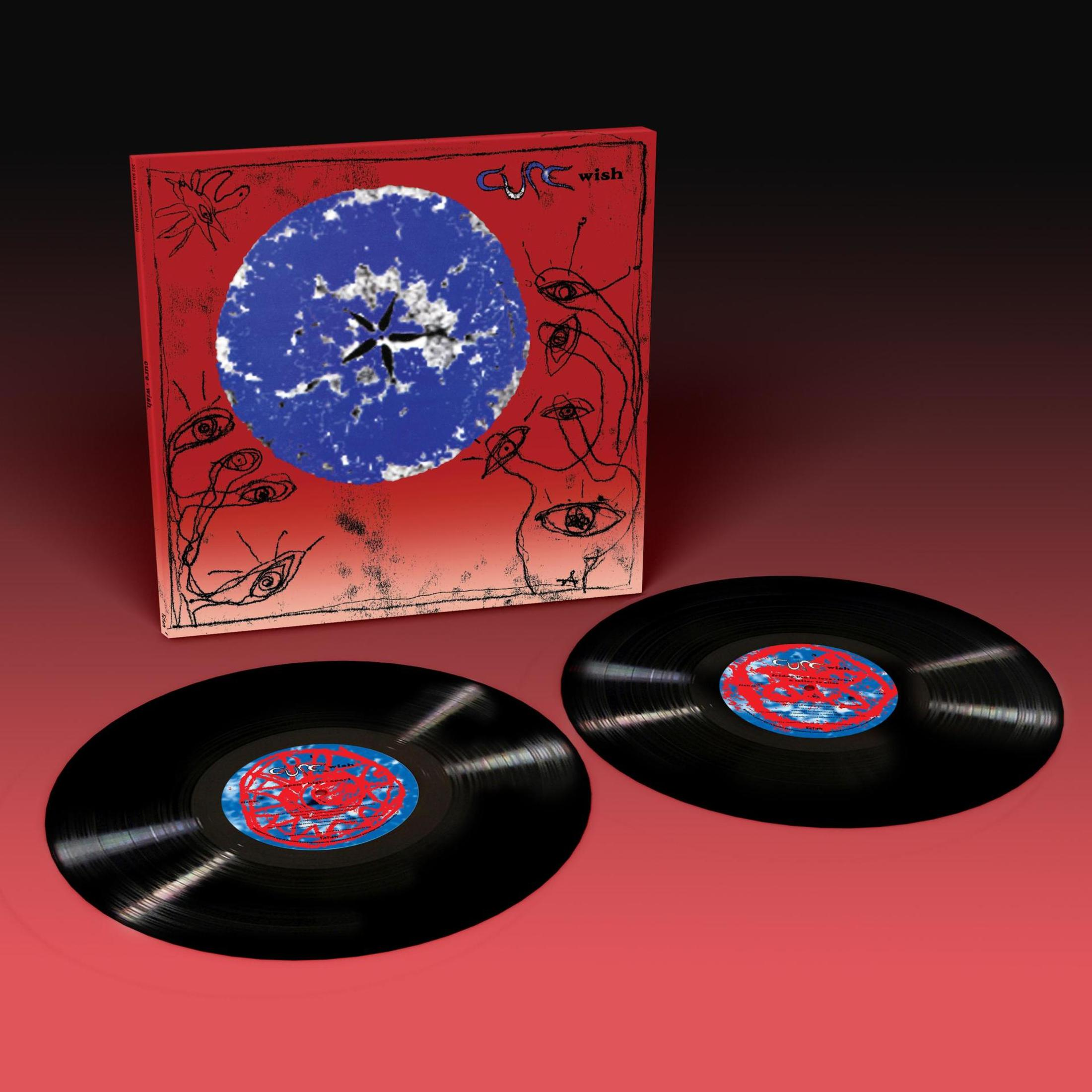 Copertina dell'album, sfondo rosso con un cerchio blu e due dischi in vinile. Titolo: The Cure, Wish.