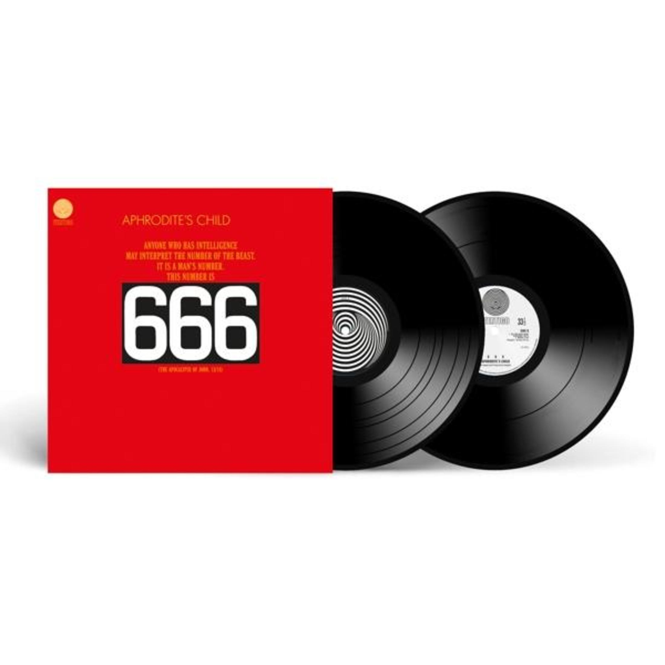 Portada del álbum con dos discos de vinilo negro, fondo rojo y texto '666'.