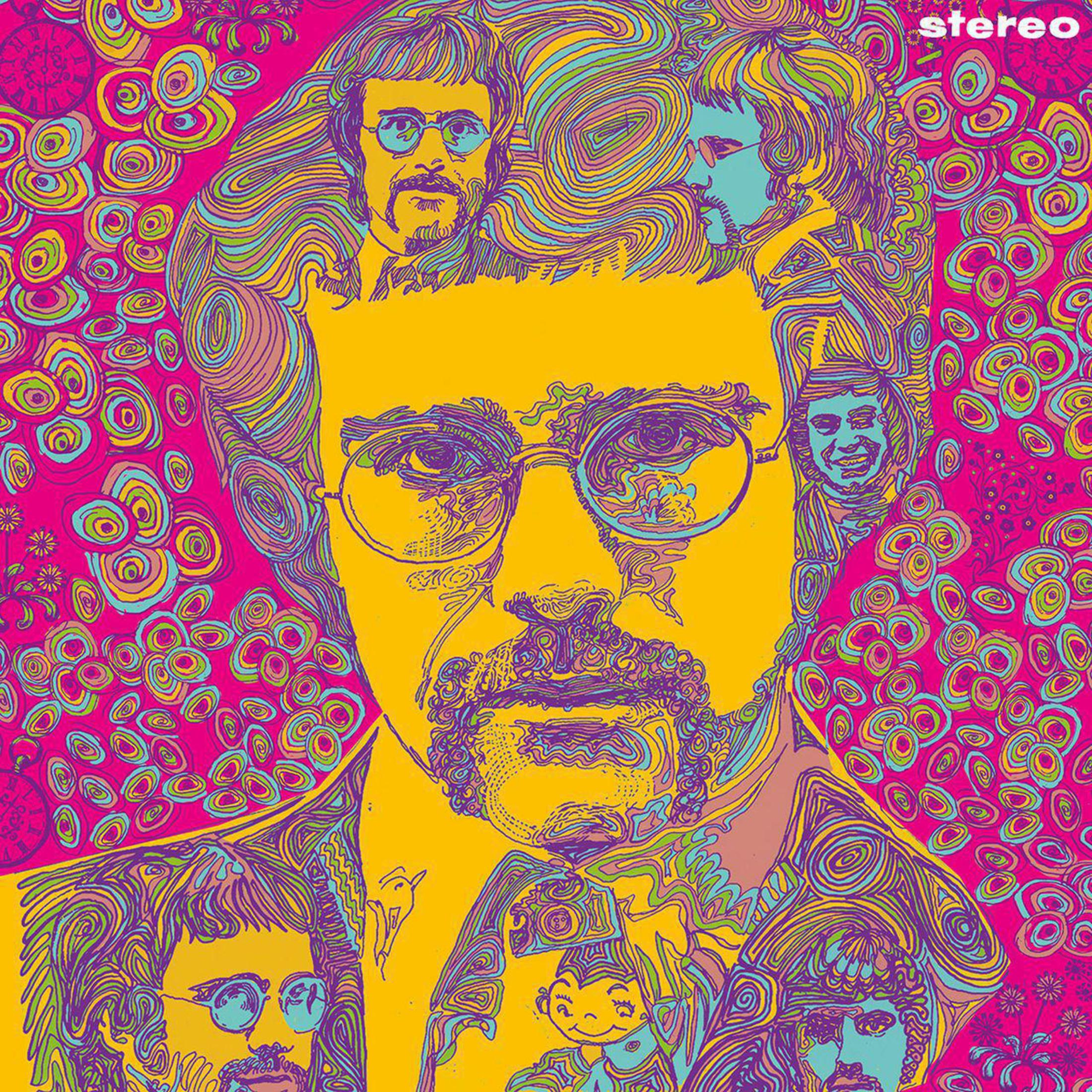 Copertina dell'album. Stile artistico psichedelico, uomo con occhiali, volti multipli, colori giallo e rosa.