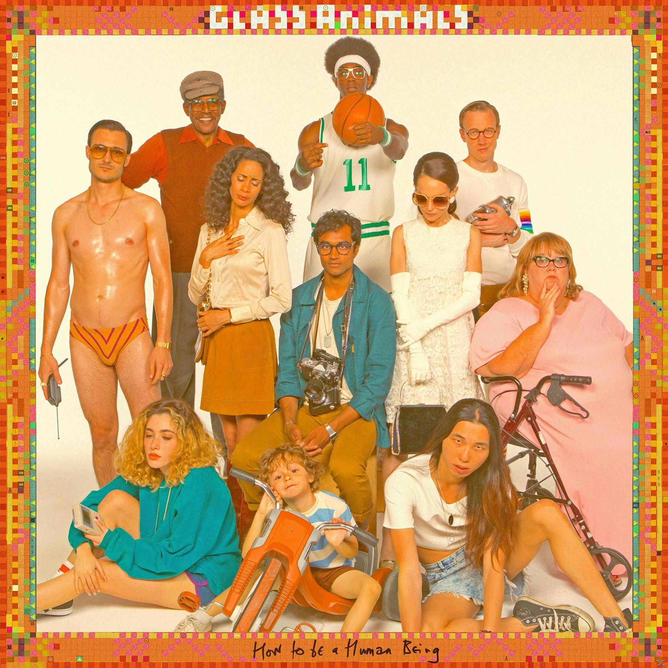 Gruppo di persone sulla copertina dell'album, bordo colorato, 'Glass Animals'.