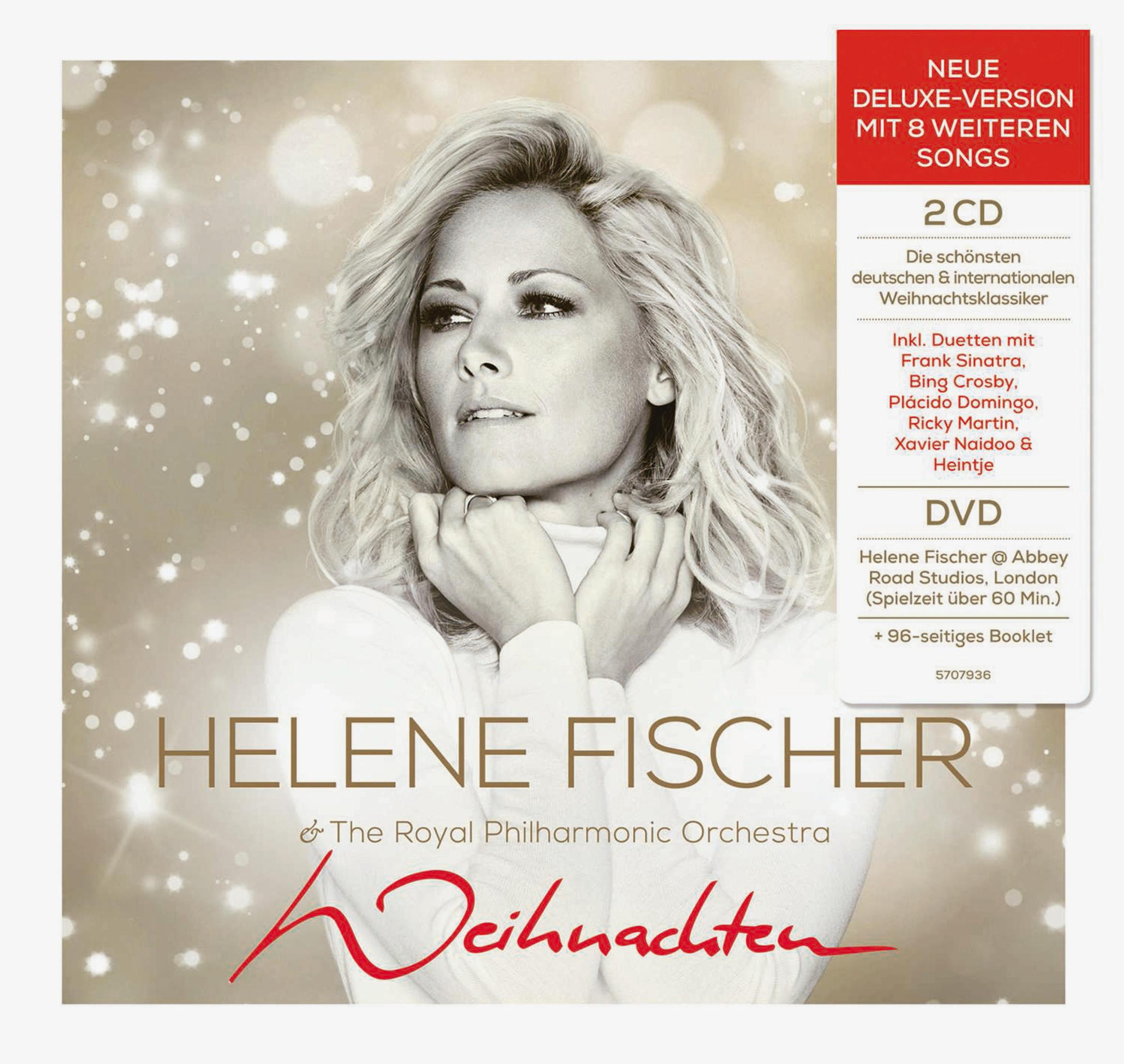 Helene Fischer Albumcover mit ihrem Porträt, Text und einem roten Banner mit Informationen.
