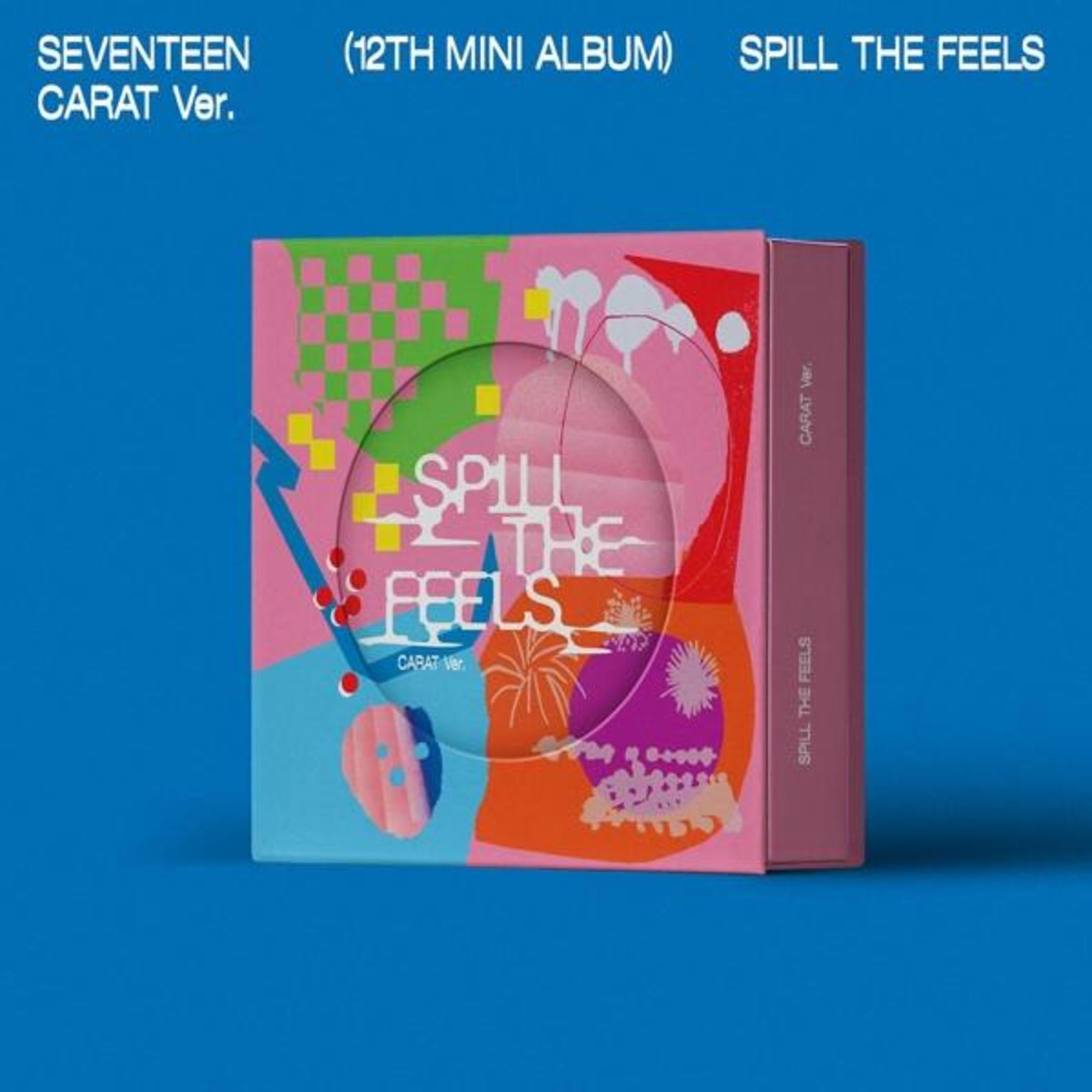 Albumhoes: Spill the Feels van Seventeen. Roze doos met cd en artwork. Blauwe achtergrond.