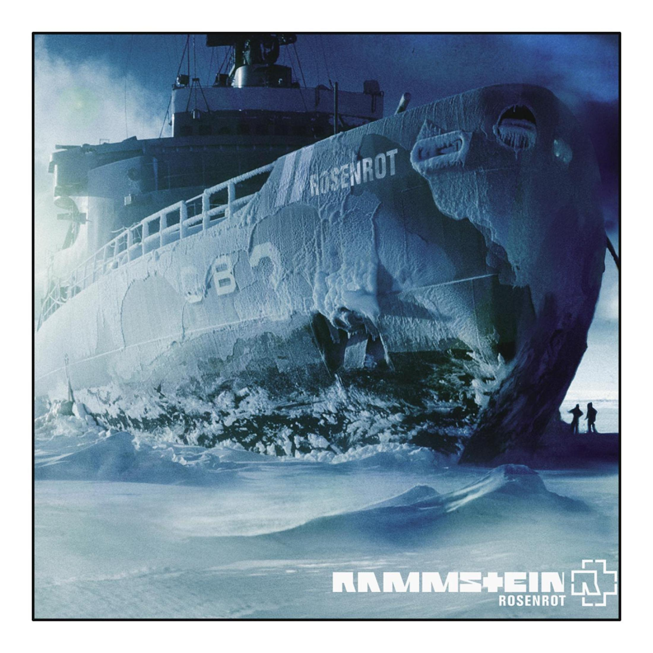 Copertina dell'album Rosenrot dei Rammstein. Una nave con neve sul lato, ghiaccio e uno sfondo blu.