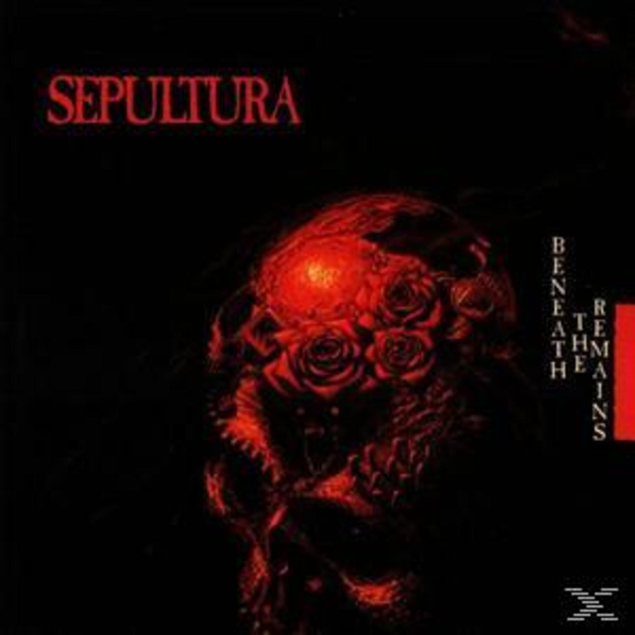 Albumhoes: Sepultura met een schedel bedekt met rozen. Rood en zwart thema.
