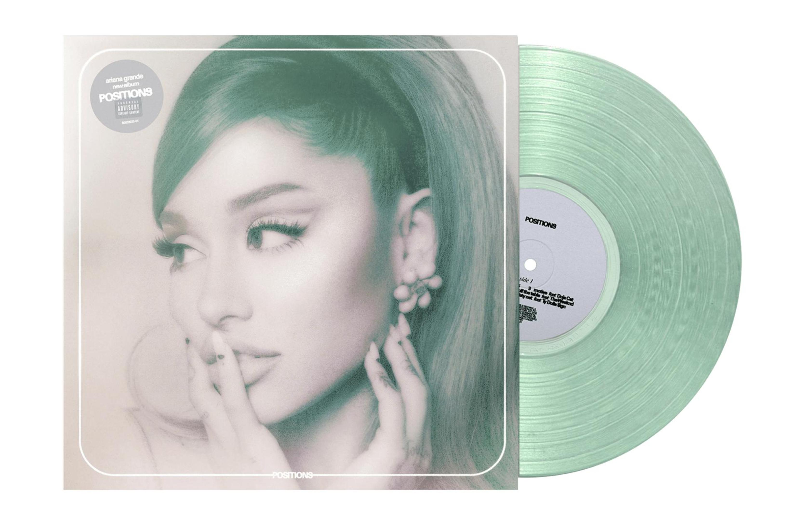 Copertina dell'album di Ariana Grande: viso, mano alle labbra, album a sinistra, vinile a destra.
