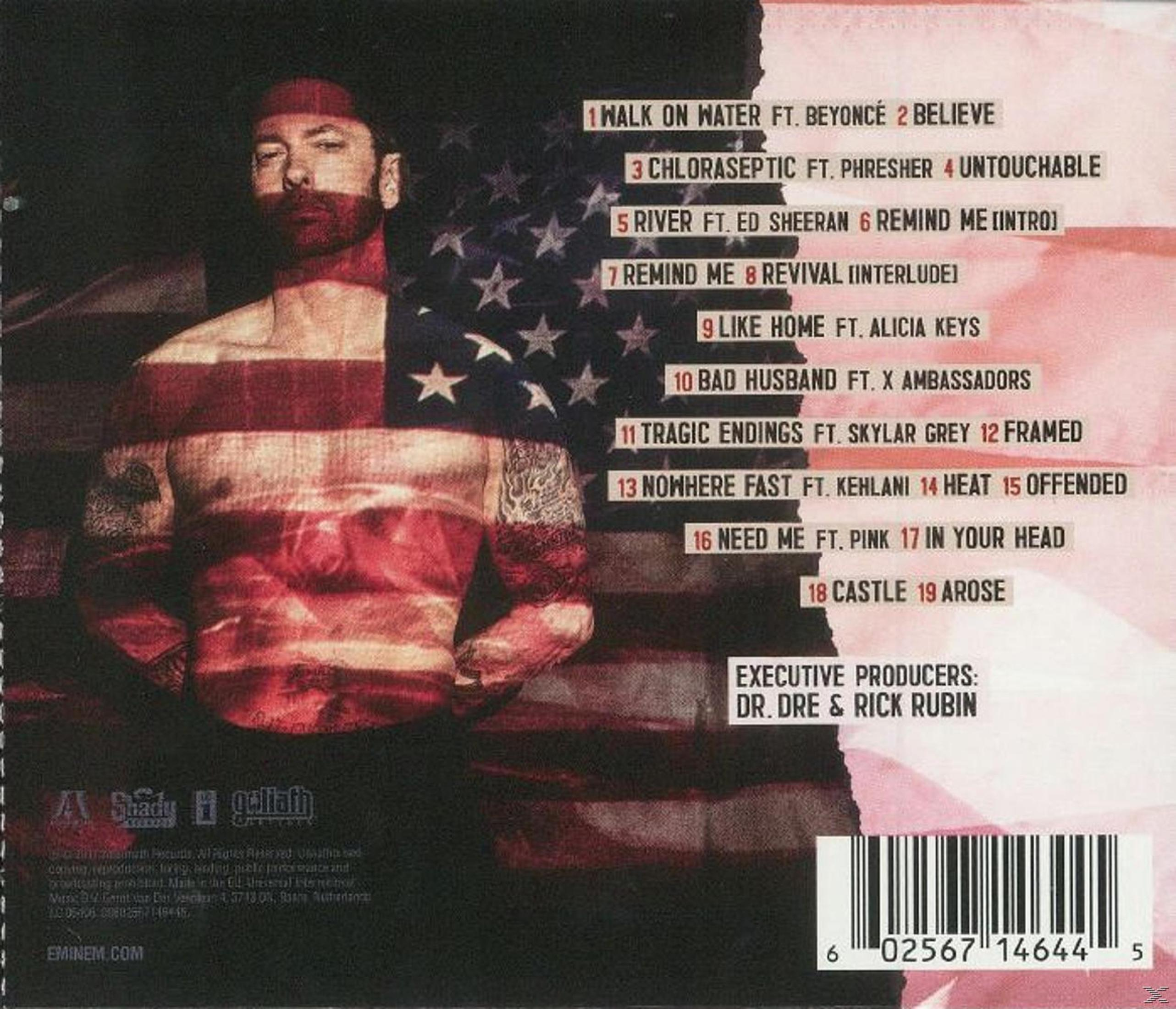 Eminem albumhoes. Een man met een Amerikaanse vlag op zijn borst geschilderd. Songlijst en albumnaam zijn aanwezig.