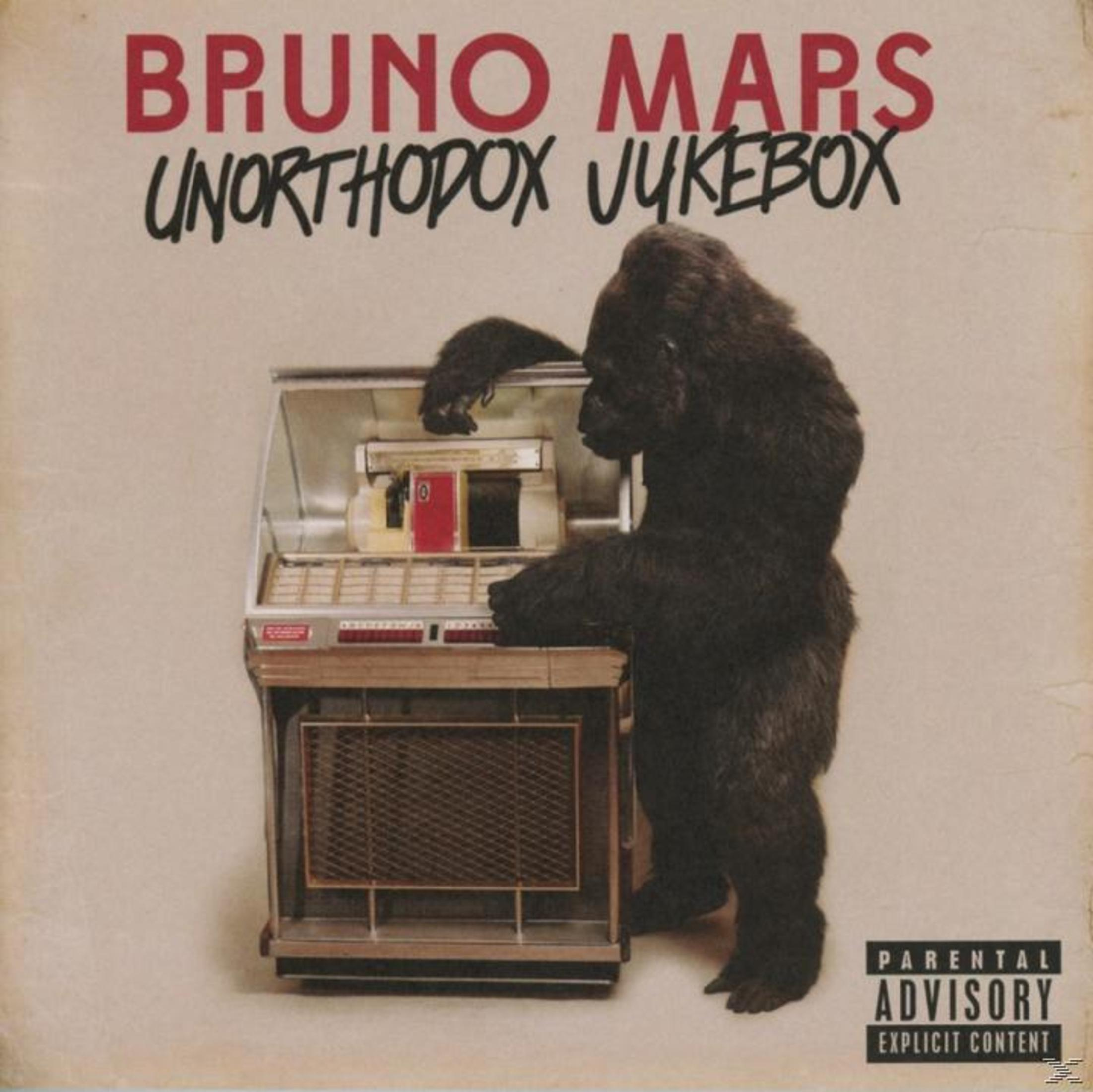 Albumcover: Bruno Mars, 'Unorthodox Jukebox' met een gorilla bij een jukebox.