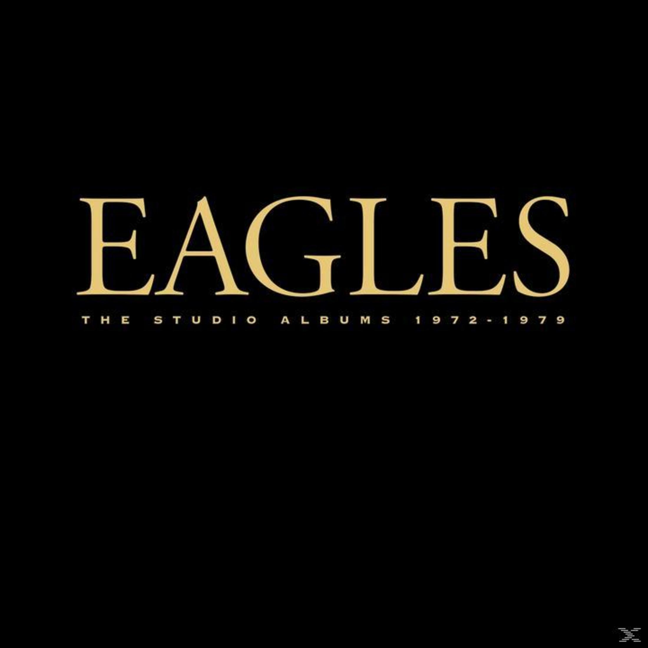 Albumhoes met gouden tekst op een zwarte achtergrond. Titel: Eagles The Studio Albums 1972-1979.